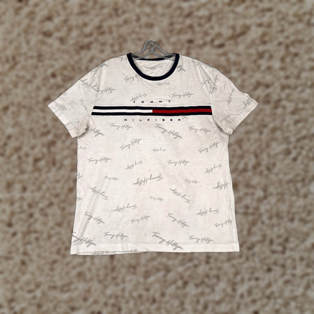 Tommy Hilfiger Tommy Hilfiger Shirt Adult XL White 100% Cotton Logo AOP Crew Neck Mens Size US XL / EU 56 / 4 - 1 Thumbnail