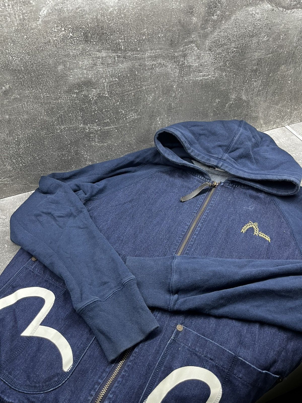 Vintage Navy Blue Denim Jeans Zip Sweatshirt Hoodie Evisu
