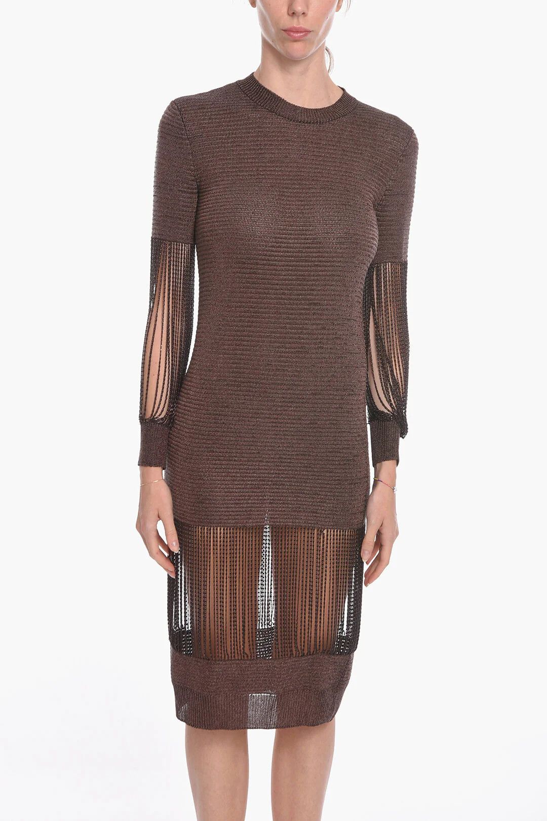Bottega Veneta og1mm0426 Viscose Lamé Knit Midi Dress in Brown Size M / US 6-8 / IT 42-44 - 4 Thumbnail