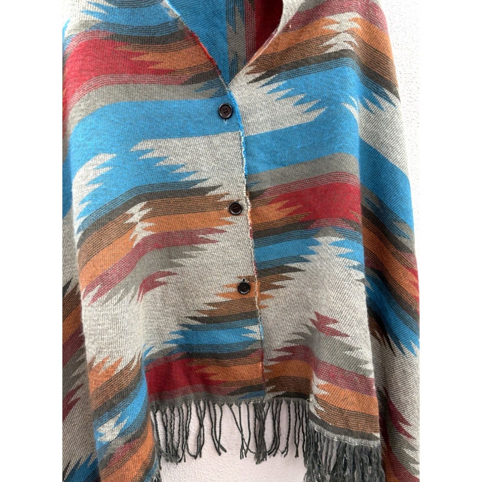 Vintage Unbranded Womens Poncho Shawl One Size Button Up Fringe Southwestern Aztec Print Purple SDN Size ONE SIZE - 2 Thumbnail