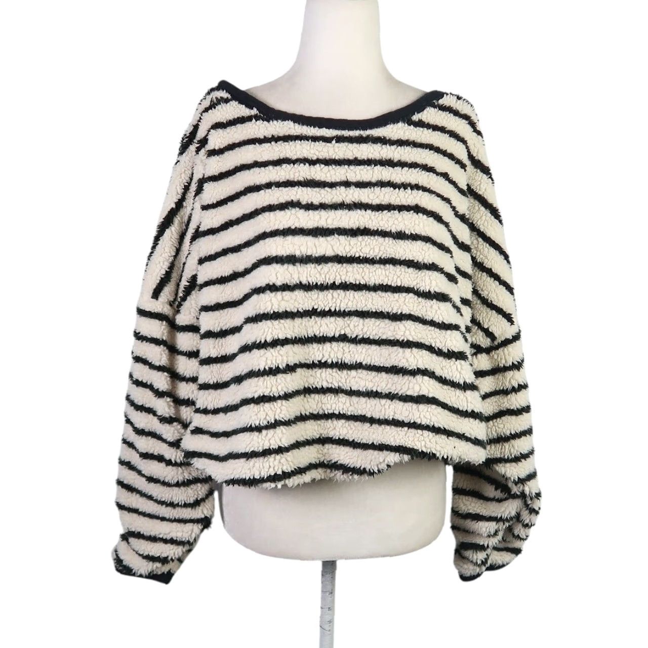 Free People Free People Sweater Shirt Women S Cream Striped Faux Sherpa Teddy Pullover Long Sleeve Knit Casual Size S / US 4 / IT 40 - 2 Thumbnail