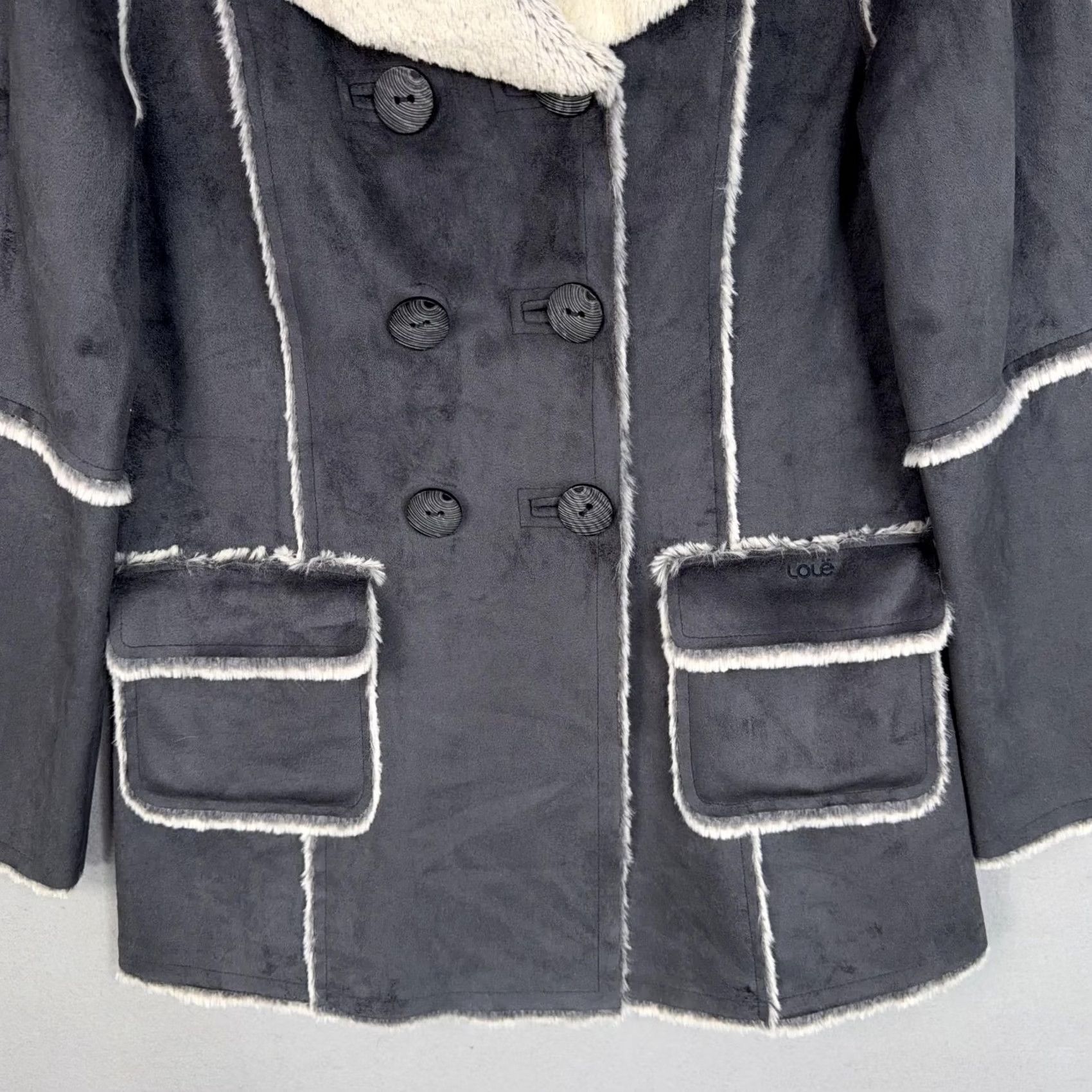 Vintage Lolë Pea Coat Womens Medium Gray Faux Suede Lined Double Breasted Jacket Size M / US 6-8 / IT 42-44 - 3 Thumbnail