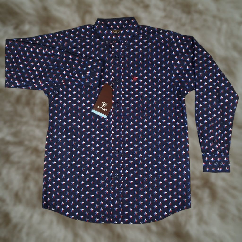 Ariat Shirt Mens Small Blue Star Print Button-Up Long Sleeve Geometric Pattern Casual Classic Modern Preppy Outdoor Workwear
