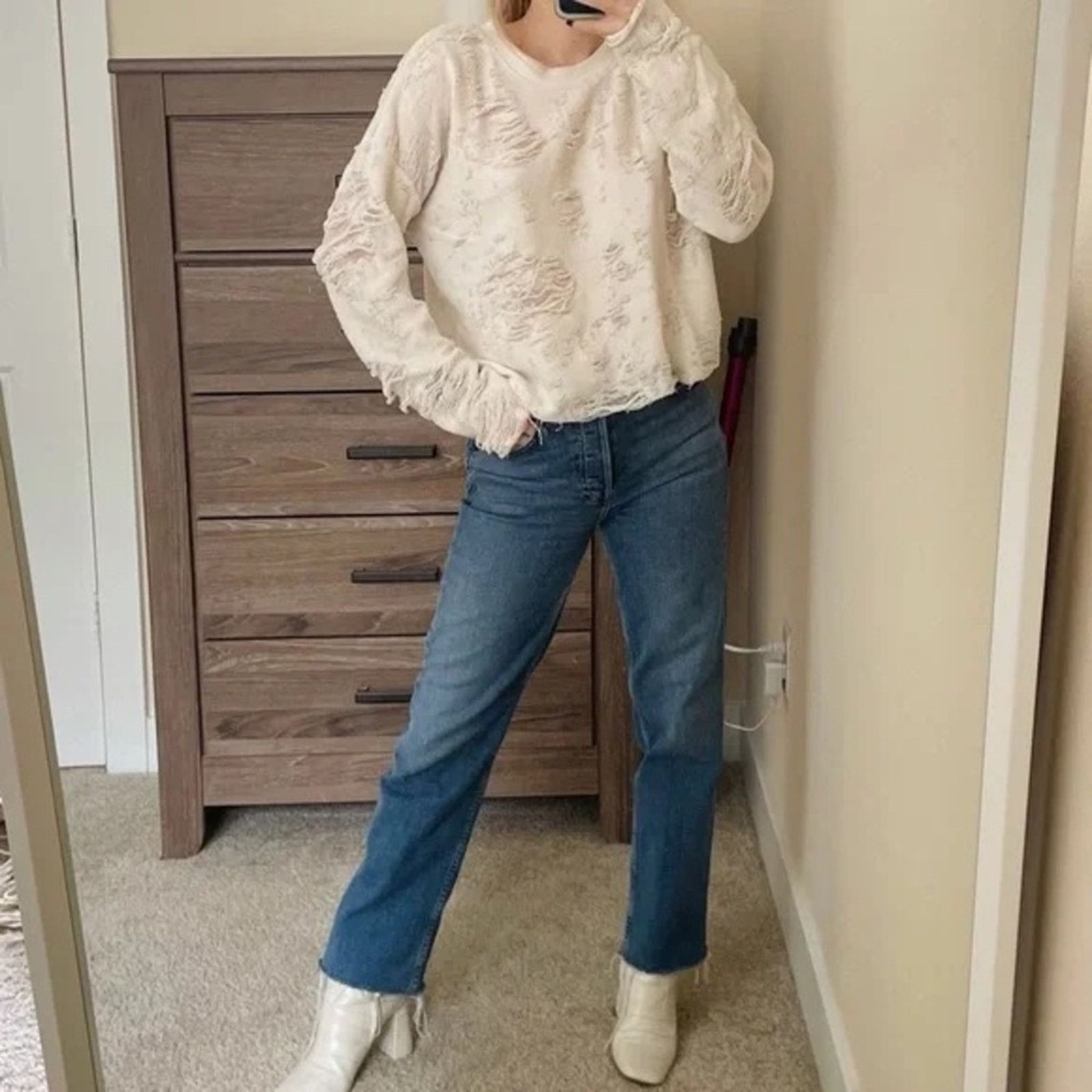 Iro IRO Jeans Sudami Distressed Crew Neck Sweater Beige S Size S / US 4 / IT 40 - 5 Thumbnail