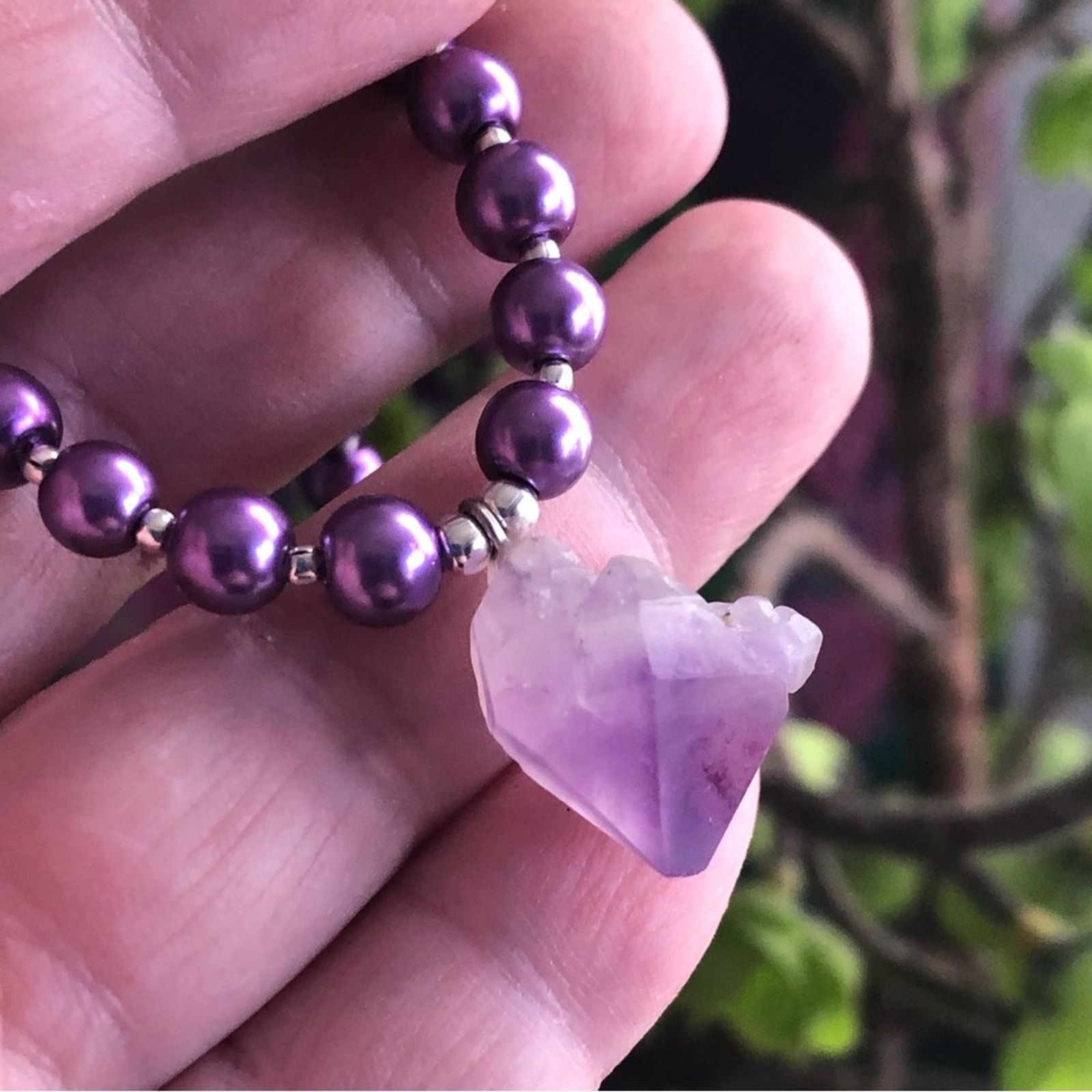 Handmade Handcrafted repurpose genuine amethyst slab Pearl necklace Size ONE SIZE - 2 Thumbnail