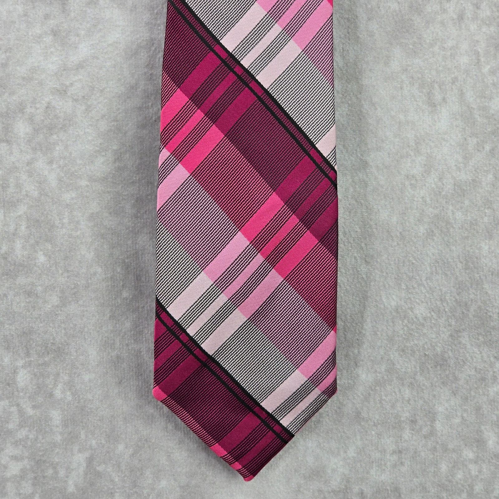 J Ferrar J.Ferrar Pink Plaid Stripe Tartan 100% Polyester Neck Tie Size 30 - 1 Thumbnail