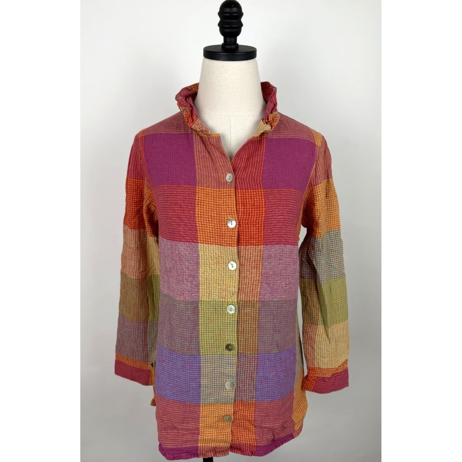 Soft Surroundings Soft Surroundings Shirt Womens XS Multicolor Plaid Top Boho High Neck Button Casual Sleeve XL? Size XS / US 0-2 / IT 36-38 - 2 Thumbnail