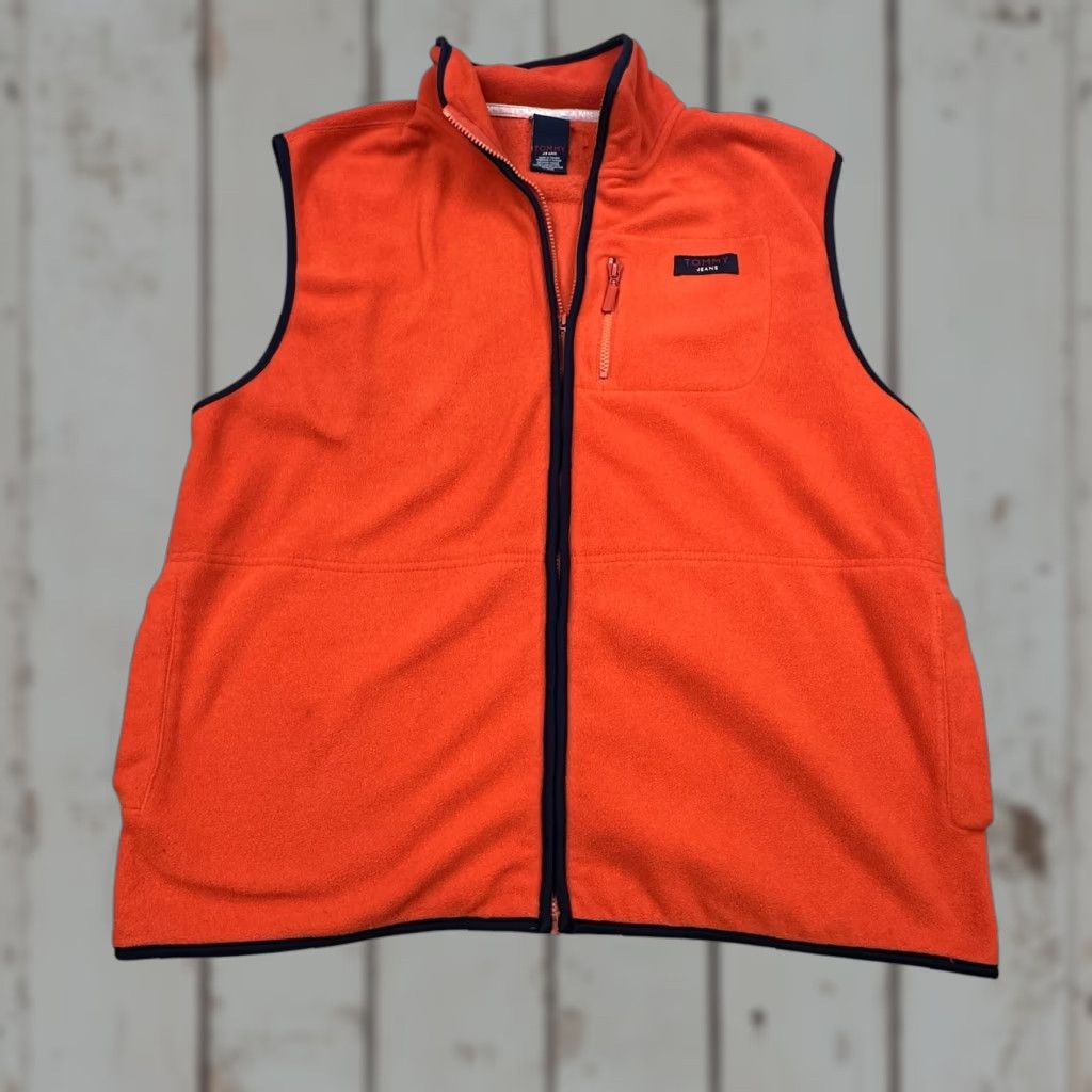 Tommy Hilfiger Tommy Jeans Vest Mens L Orange Fleece Full Zip Mock Neck Chest Pocket Logo Size 42R - 1 Thumbnail