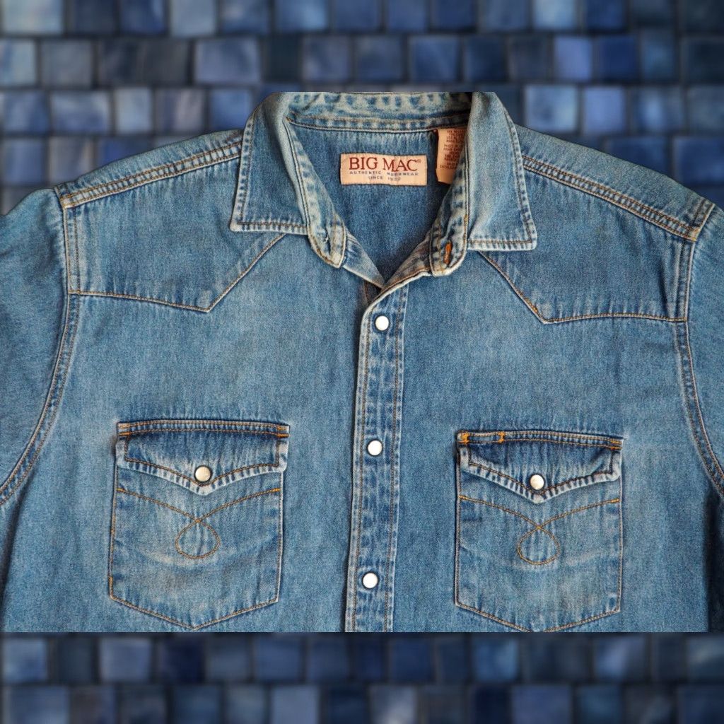 Vintage VINTAGE Big Mac Shirt Western Denim Grunge 90s LT Mens Blue Pearl Snap Long Sleeve Button-Up Casual Size US L / EU 52-54 / 3 - 1 Thumbnail