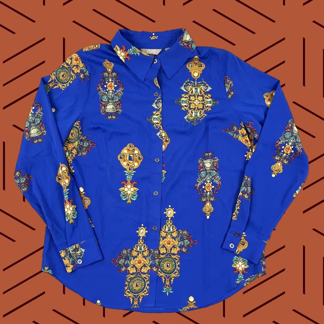 Vintage Motto Shirt Womens Size 8 Button Down Blue Chiffon Jeweled Print Stretch Office Size M / US 6-8 / IT 42-44 - 1 Thumbnail