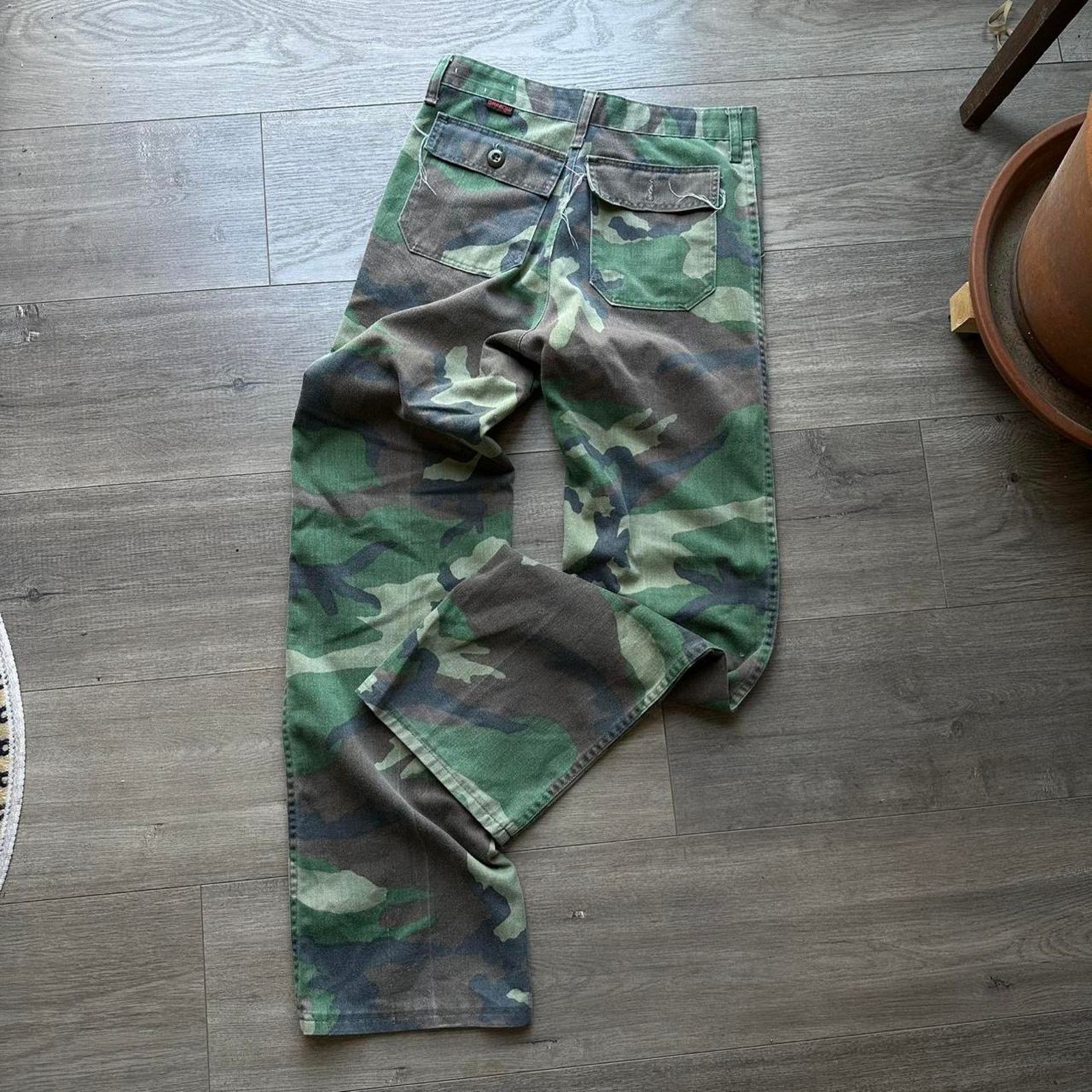 Vintage 80s OG 107 Camo Slim Flare Military Army Cotton Pant