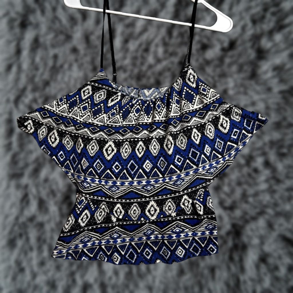 Vintage Y2K Boho Ruffle Top Womens Small Southwestern Aztec Off Shoulder Festival USA Blouse Rayon Spandex Blue Short Sleeve Geometric Ruffle Size S / US 4 / IT 40 - 1 Thumbnail