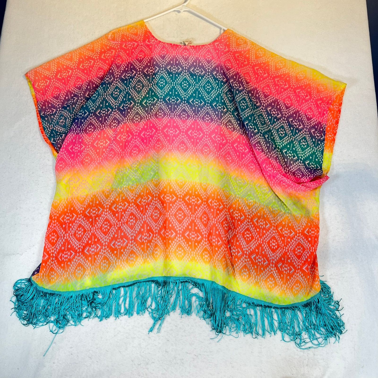 Ocean Pacific OP Beach Cover-Up L 11-13 Boho Florescent Hues Fringed Hem Size L / US 10 / IT 46 - 4 Thumbnail