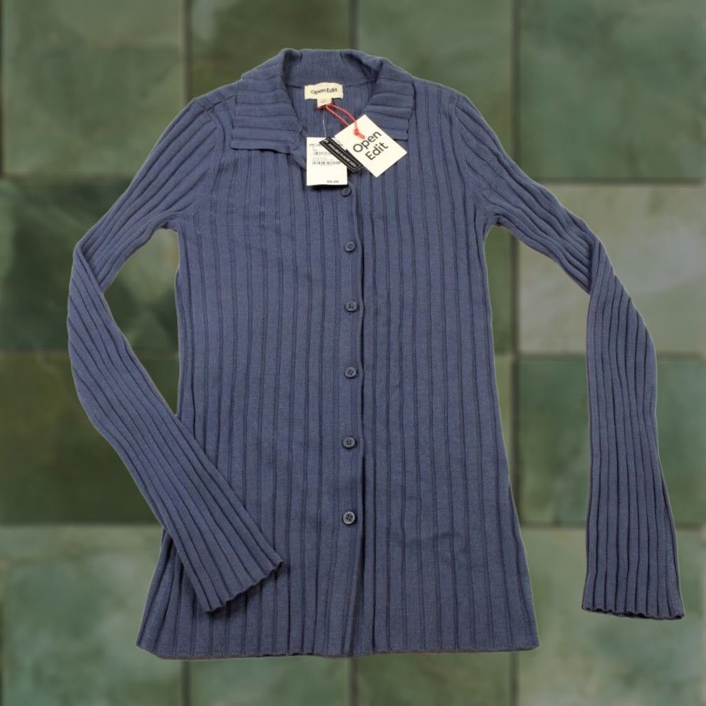 Vintage Open Edit Blue Shadow Ribbed Button-Up Long Sleeve Tunic Sweater Womens S Size S / US 4 / IT 40 - 1 Thumbnail