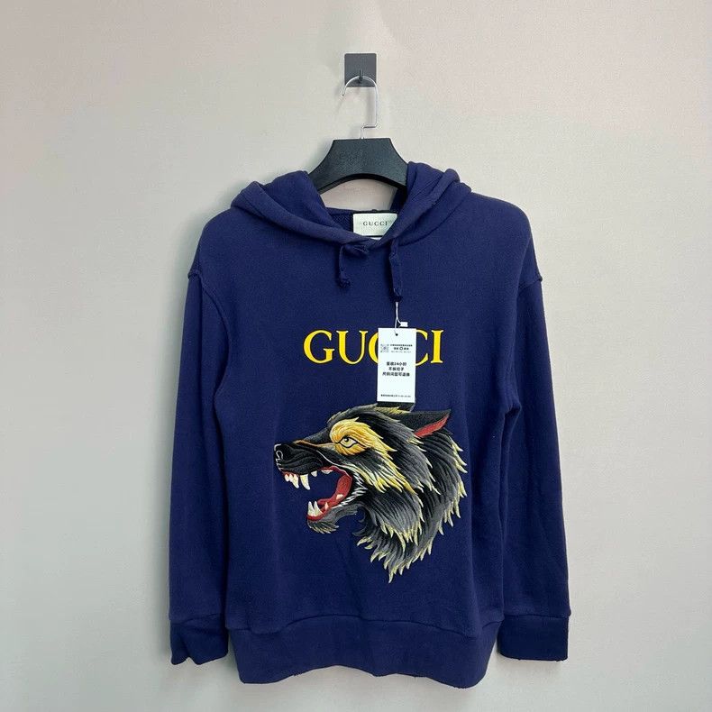 Gucci Gucci Blue Distressed Wolf Embroidered Hoodie Size US S / EU 44-46 / 1 - 1 Thumbnail