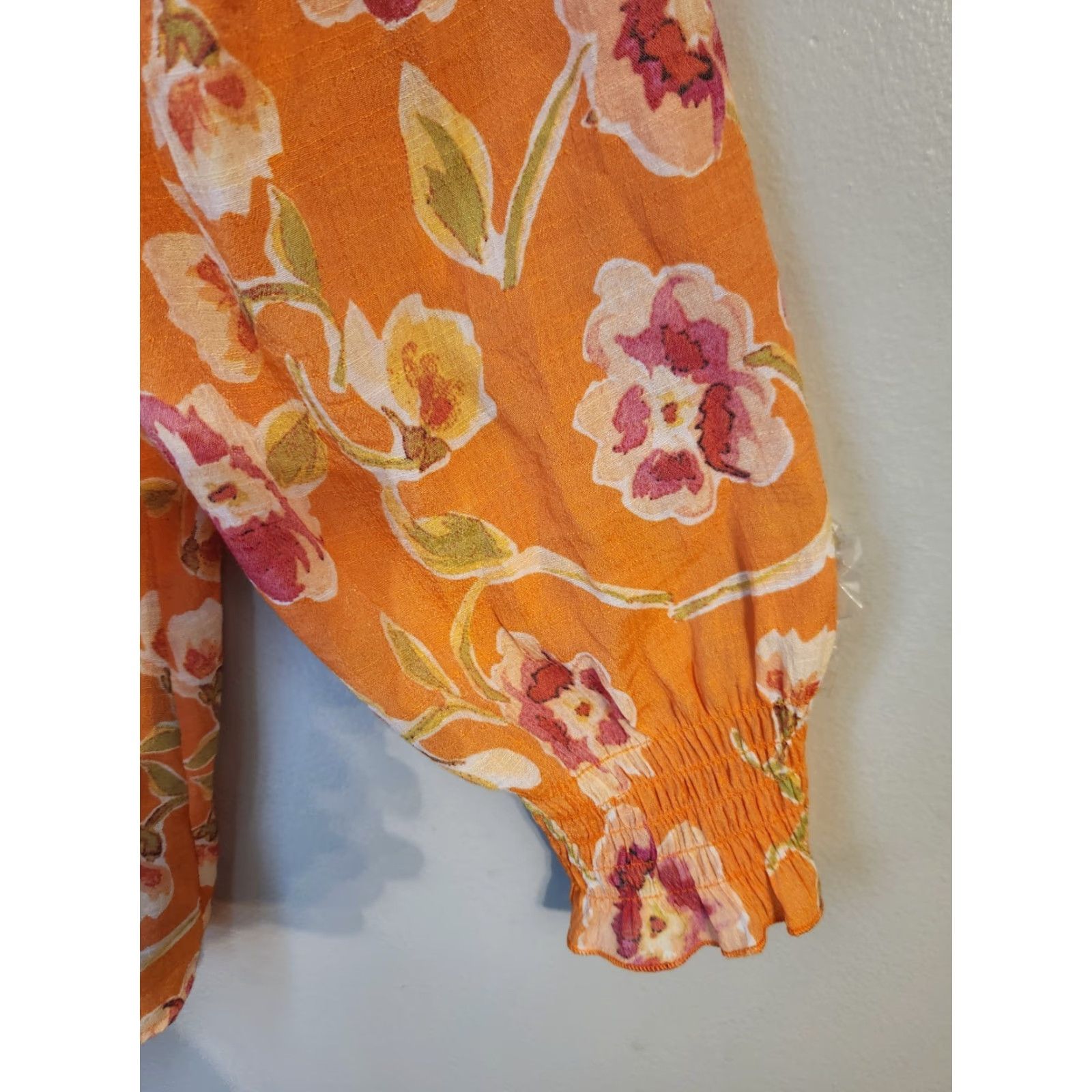 Vintage Mlle Gabrielle Orange Floral Top Blouse Shirt 3/4 Sleeve Smocked Front Button V-Neck XL Womens Boho Hippie Casual Workwear Size XL / US 12-14 / IT 48-50 - 3 Thumbnail