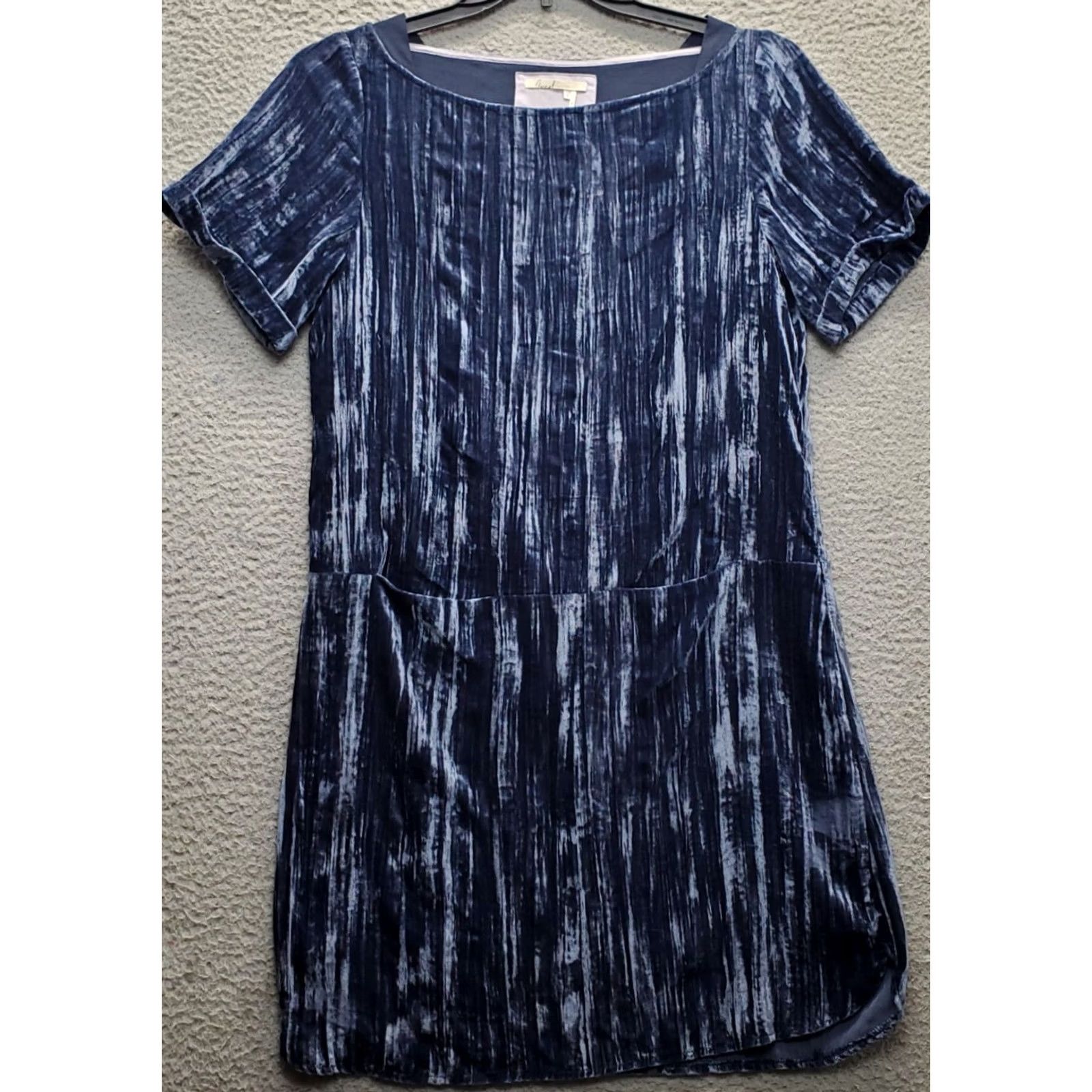 Velour Floreat Shift Dress Womens Size S Blue Velour Lined Short Sleeve Boat Neck Pocket Size 28" / US 6 / IT 42 - 2 Thumbnail