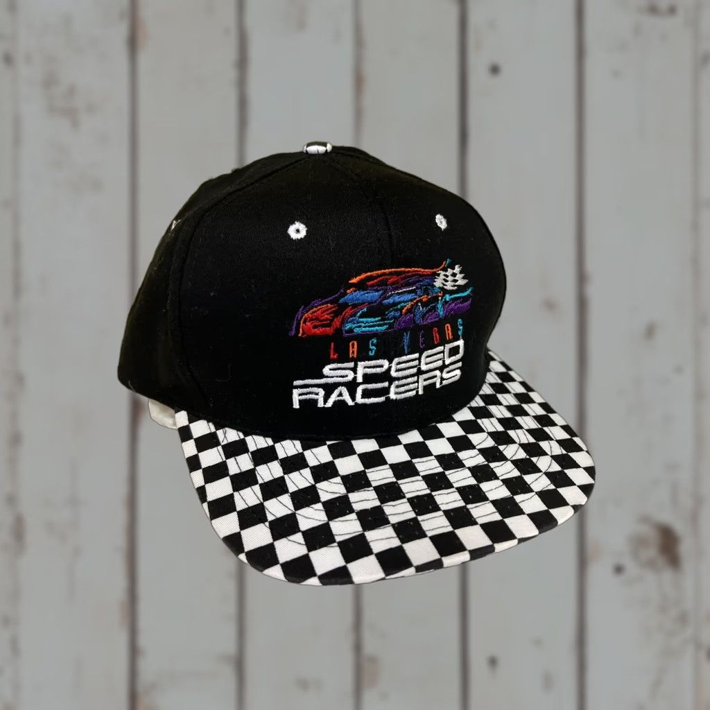 Speedo VINTAGE Las Vegas Speed Racers Embroidered snapback black checkerboard hat Mens Adjustable Size Black 90s Nissin Snapback Hat Size ONE SIZE - 1 Thumbnail