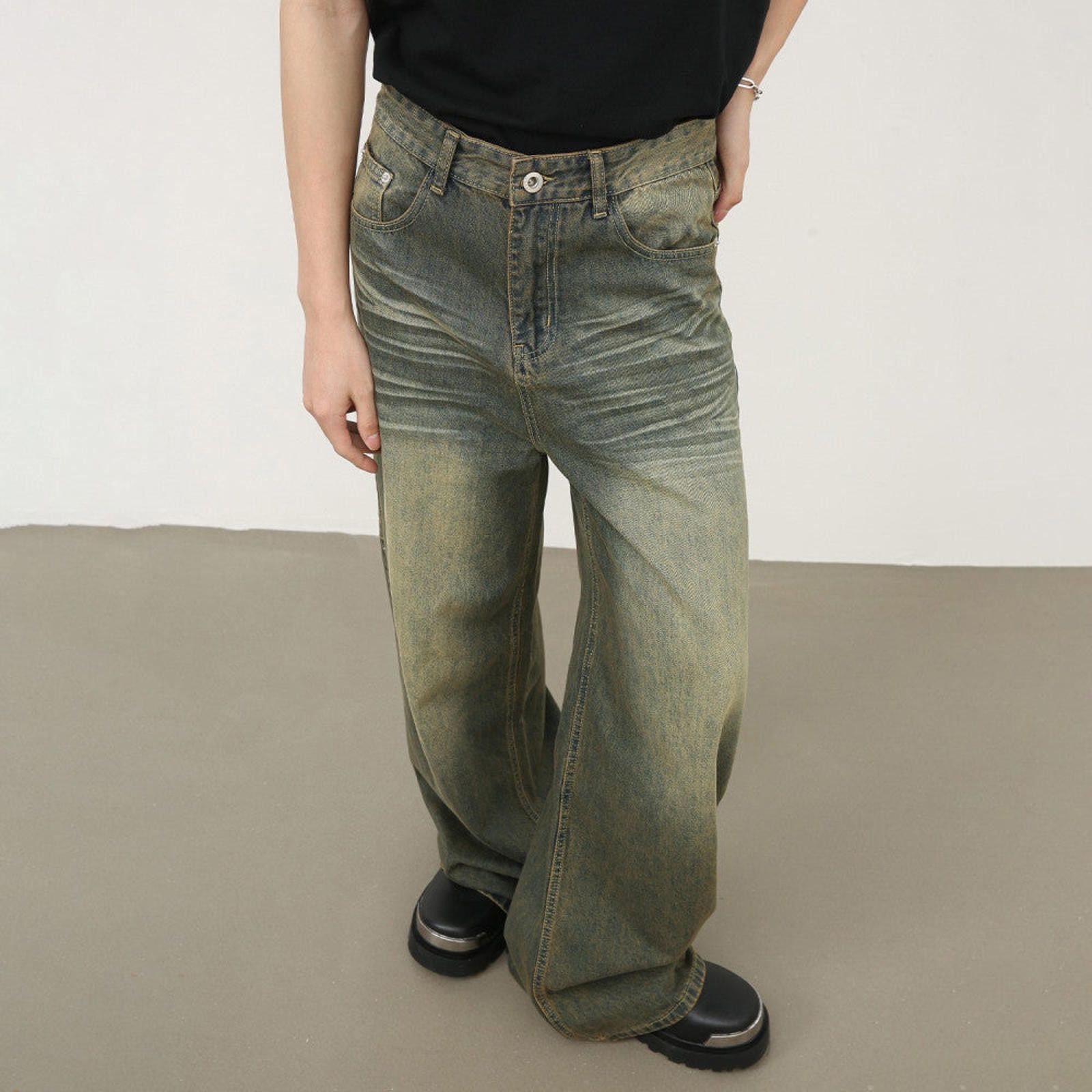 Other Olive Green Whiskered Wide Leg Jeans Size US 32 / EU 48 - 2 Thumbnail