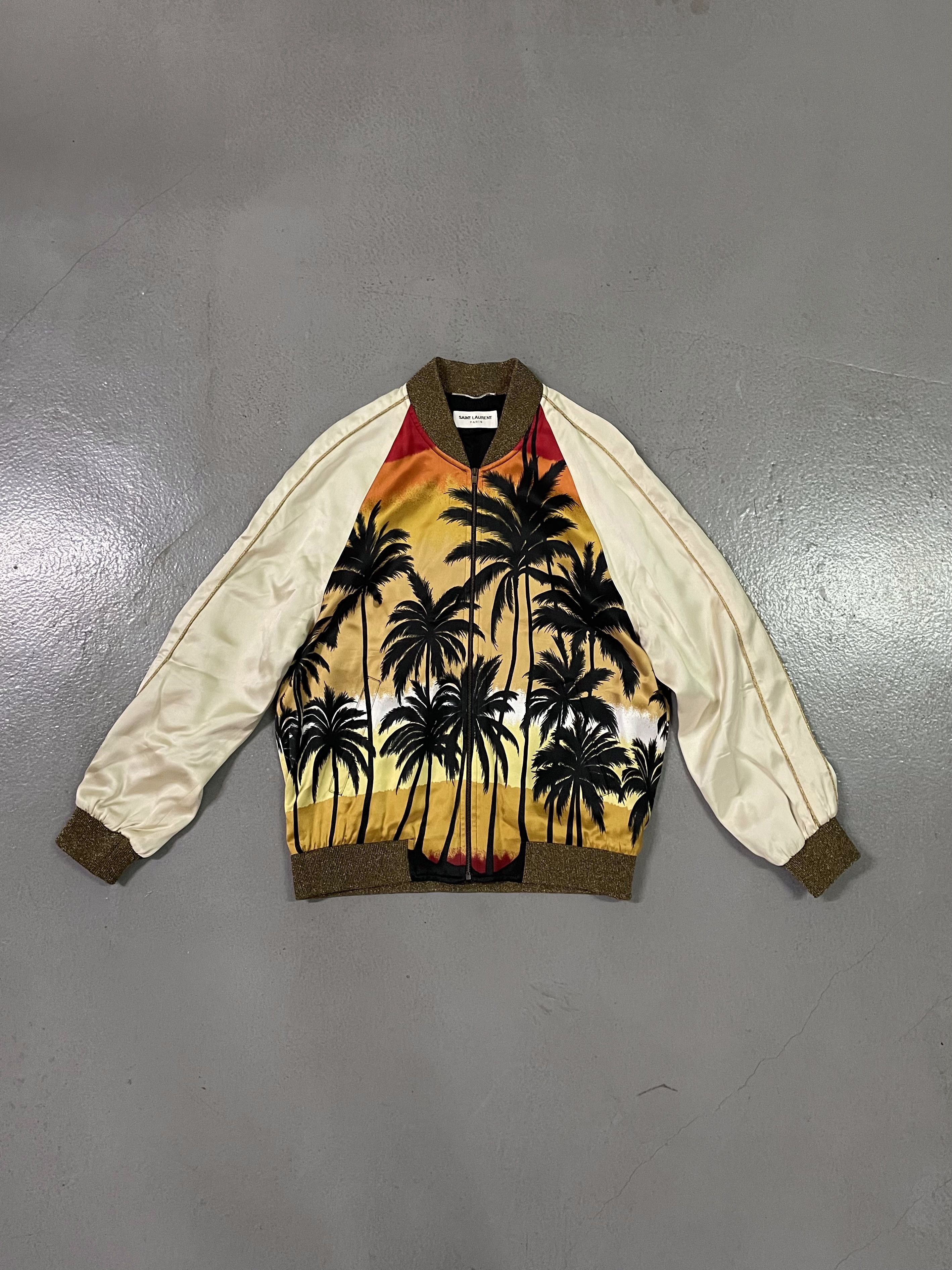SAINT LAURENT Paris Palm Tree Print Satin Bomber