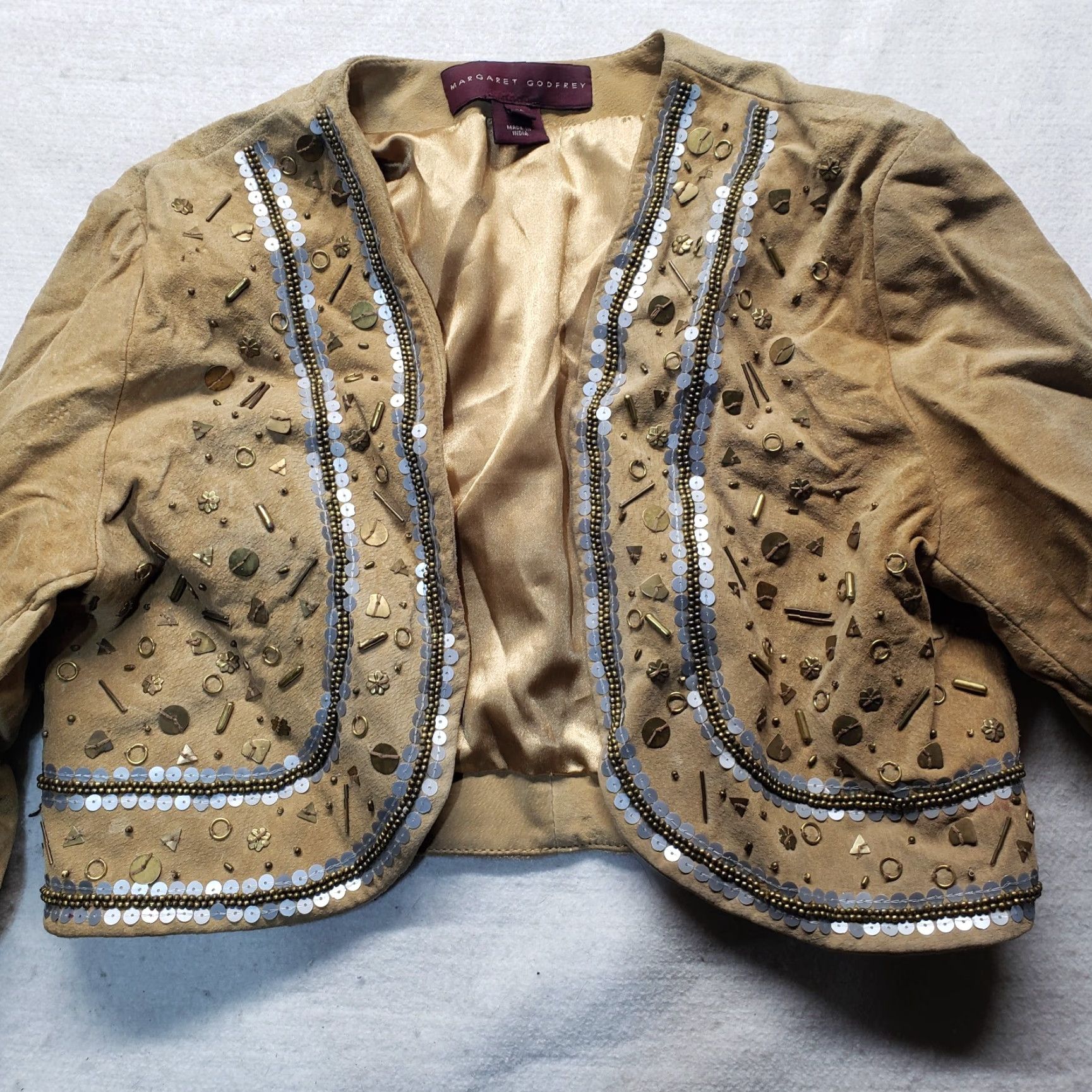 Vintage VINTAGE Margaret Godfrey Suede Bolero Jacket Beige Beaded Sequins Size M Medium Womens Jacket Size M / US 6-8 / IT 42-44 - 2 Thumbnail
