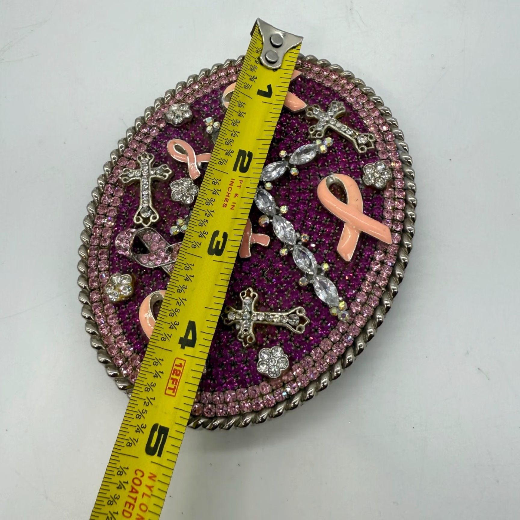 Vintage PARW Buckles Pink Rhinestone Cross Belt Buckle Breast Cancer Ribbon Women Belt Buckle XS Pink Rhinestone Cross Size ONE SIZE - 3 Thumbnail