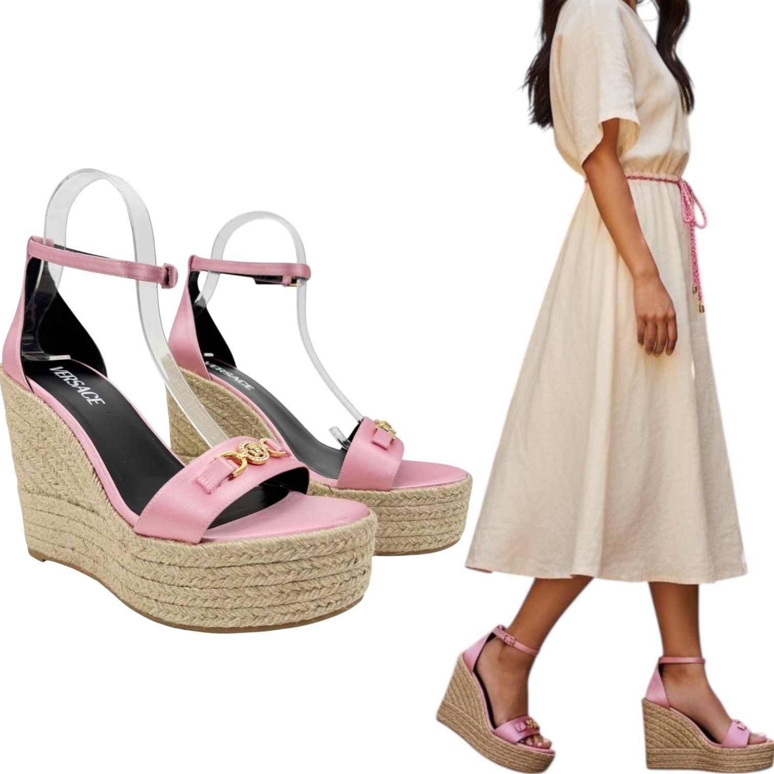 New Versace 95 Medusa Satin Espadrille Wedge Sandals Pink 40
