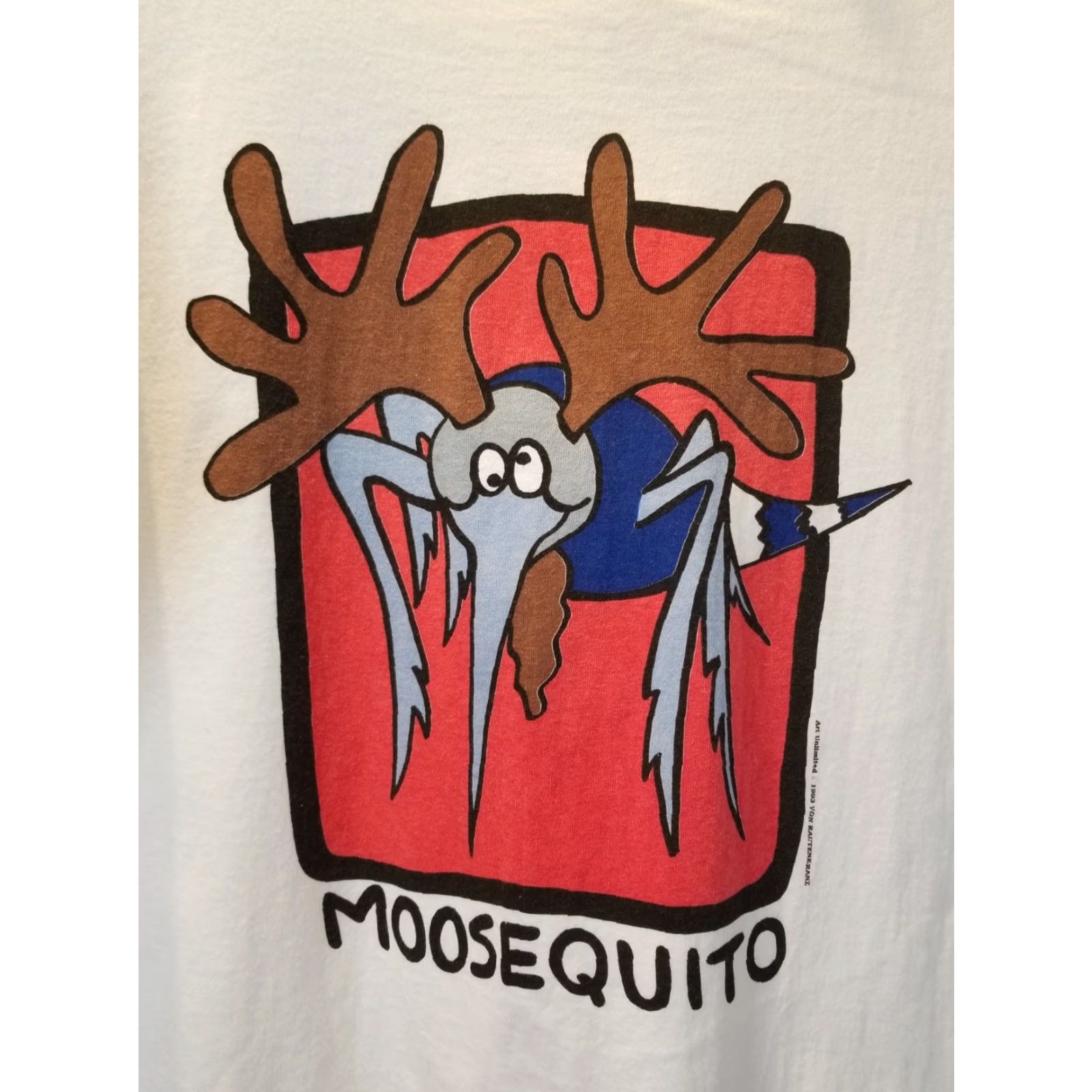 Fruit Of The Loom VINTAGE Fruit of the Loom T-Shirt White Cotton Crew Neck 93' MooseMito Moosequito Von Rautenkranz 2XL XX L Mens MENS Size US XXL / EU 58 / 5 - 2 Thumbnail