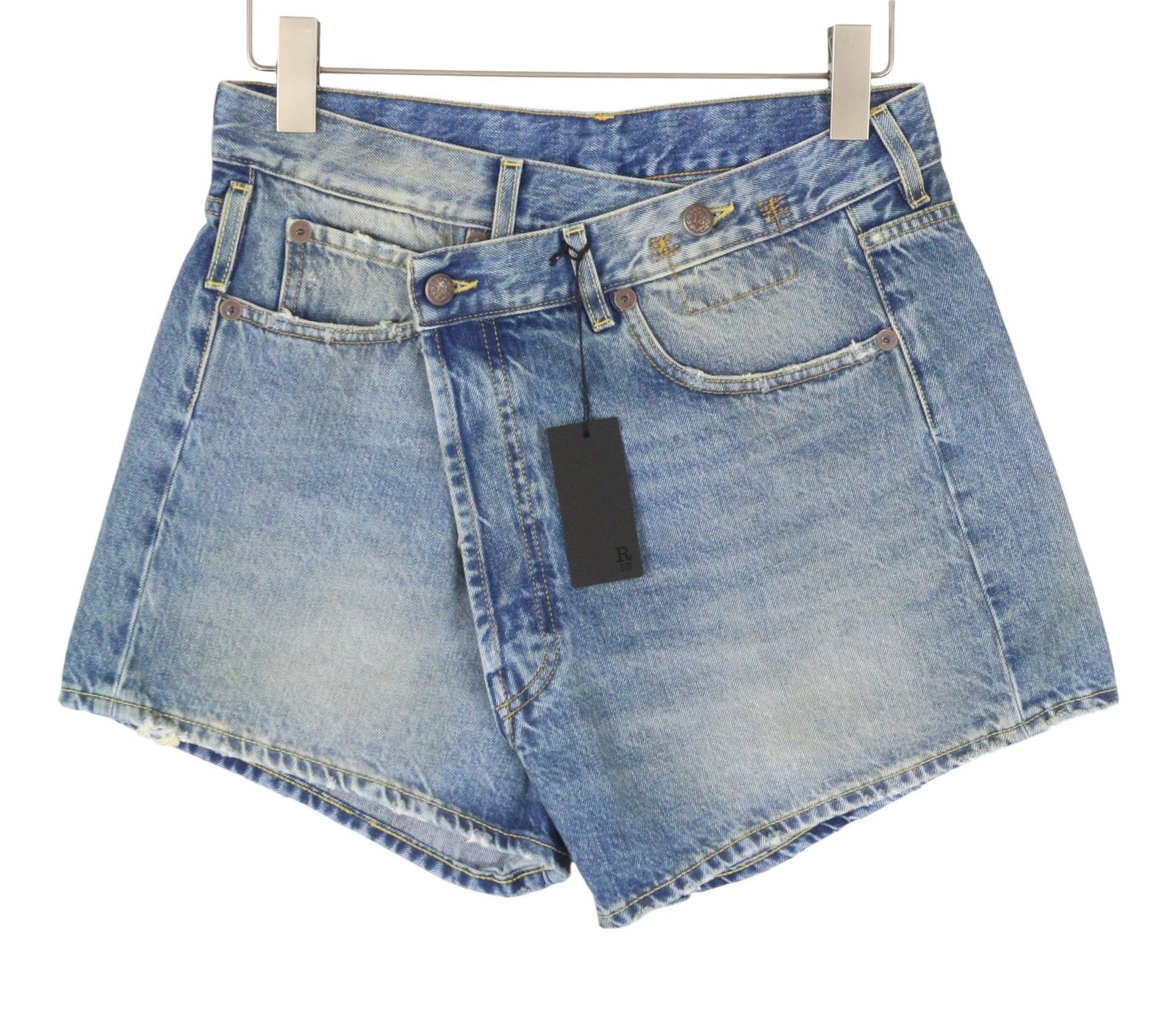 R13 CROSS OVER 27 Bain Blue Asymmetric Button Shorts 89418 Size 27" / US 4 / IT 40 - 2 Thumbnail