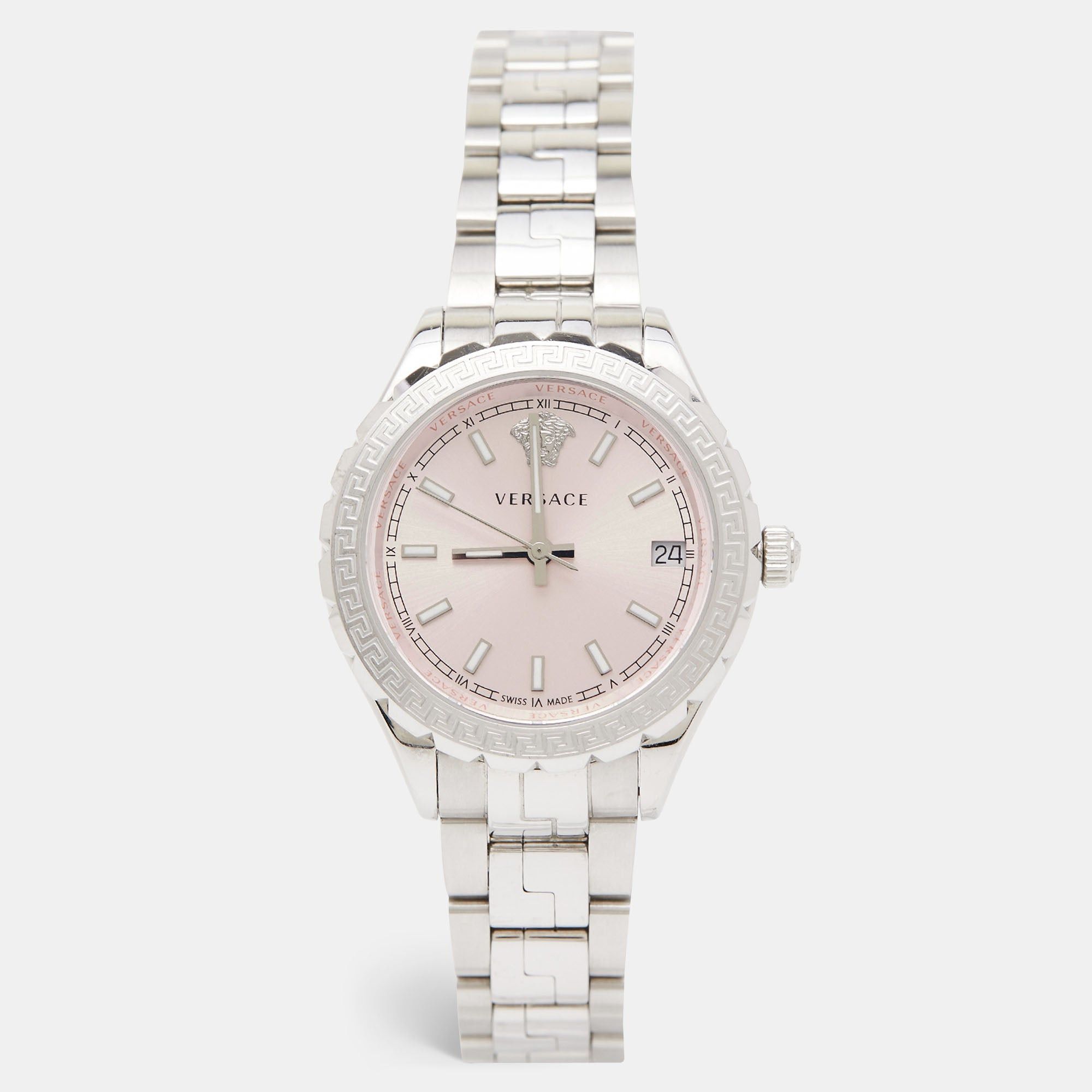 image of Versace Pink Stainless Steel Hellenyium V12010015 Women's Wristwatch 35 Mm