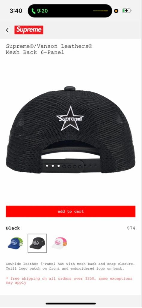 Supreme Supreme x Vanson Leathers Mesh Back 6-Panel Hat Black Size ONE SIZE - 3 Thumbnail