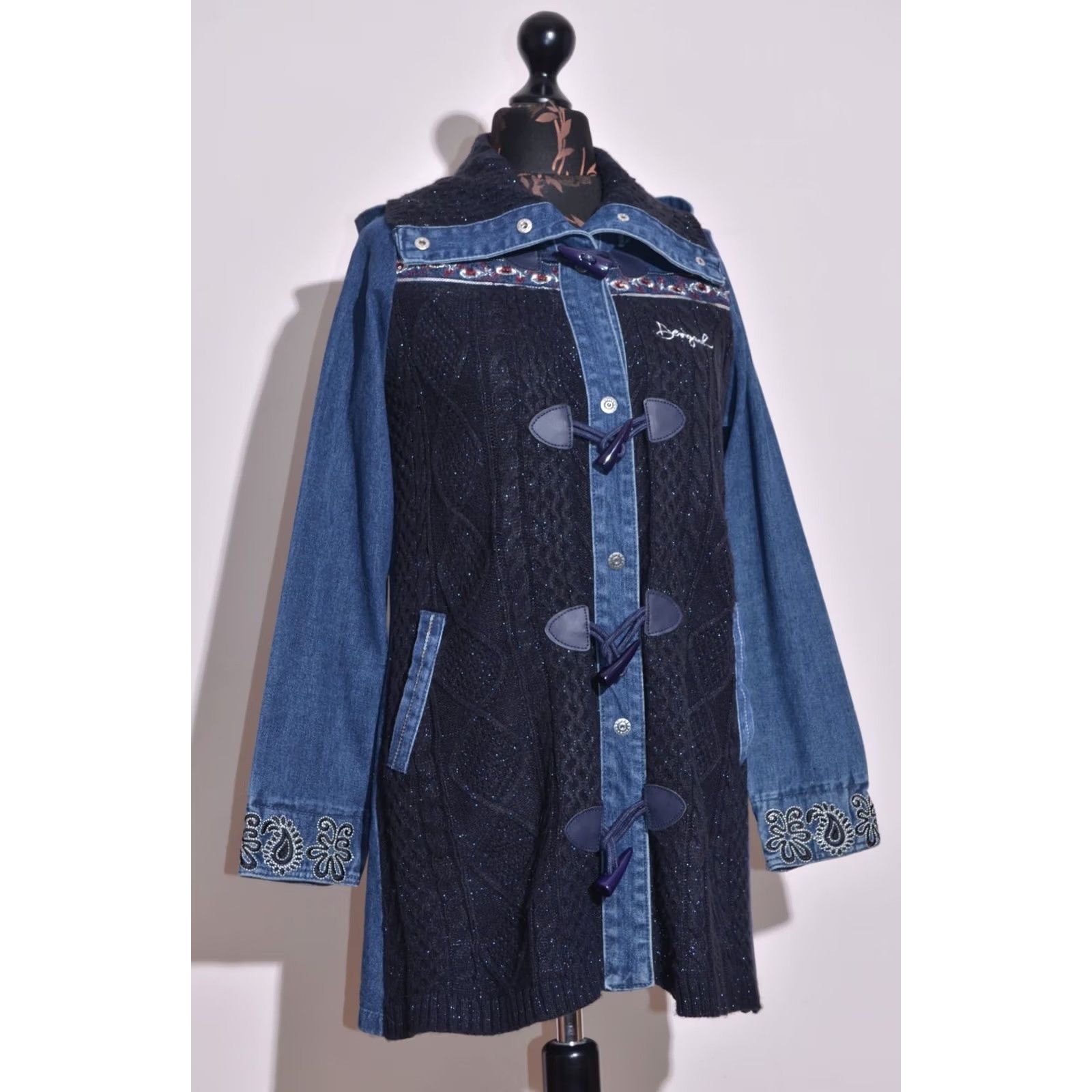 Desigual Desigual Women's Coat Knit Denim Hooded Jacket Embroidered Blue 36 Regular Long Sleeve Mid-Length Casual Overcoat Jacket Womens Size XS / US 0-2 / IT 36-38 - 2 Thumbnail