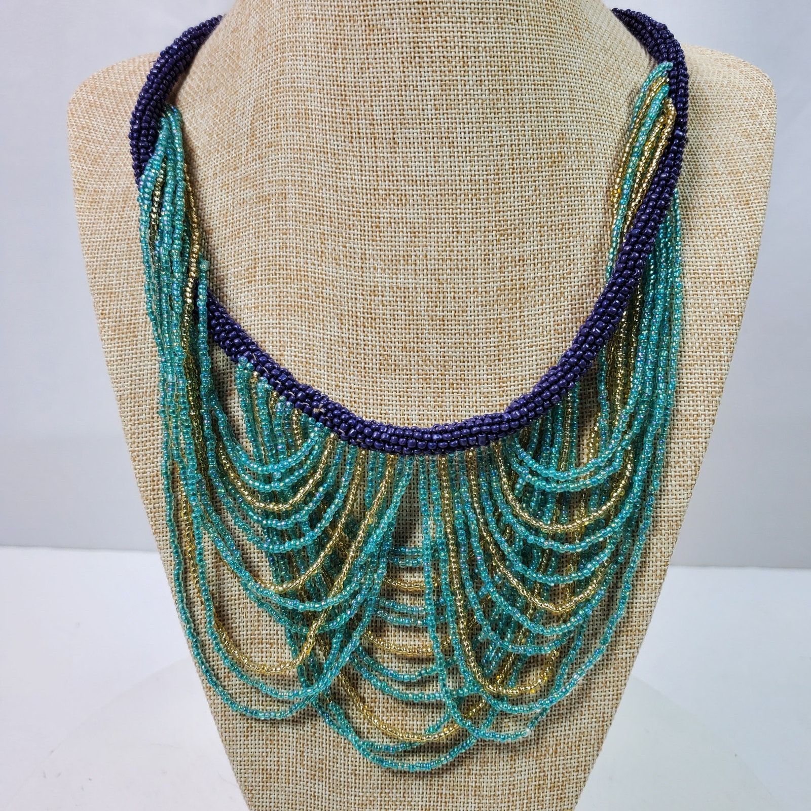 Handmade Hippie Gypsy Seed Bead Necklace 22 Inch Long Blue Gold Size ONE SIZE - 1 Thumbnail