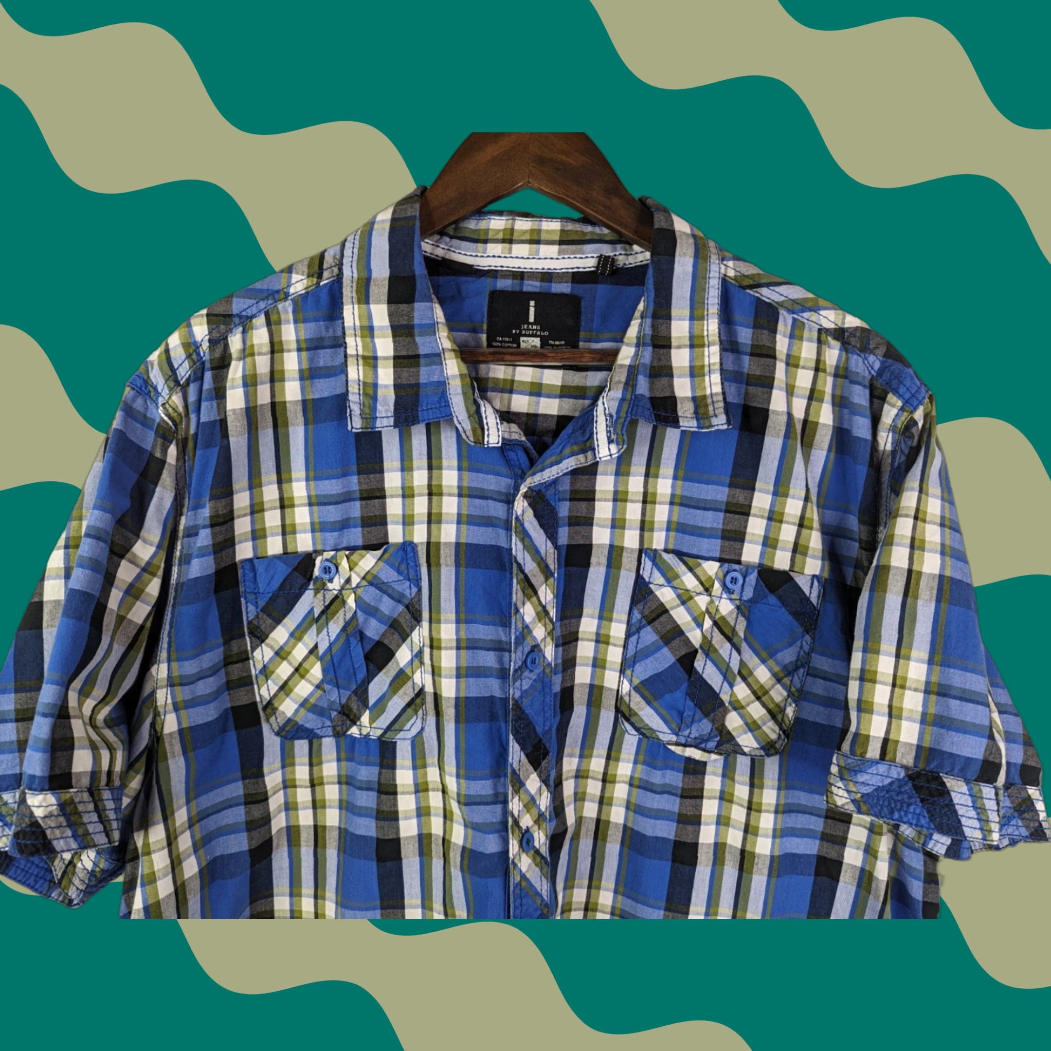 Vintage Buffalo Jeans Men's XLT Plaid Shirt Blue Casual Short Sleeve Pocket Cotton Size US XL / EU 56 / 4 - 1 Thumbnail