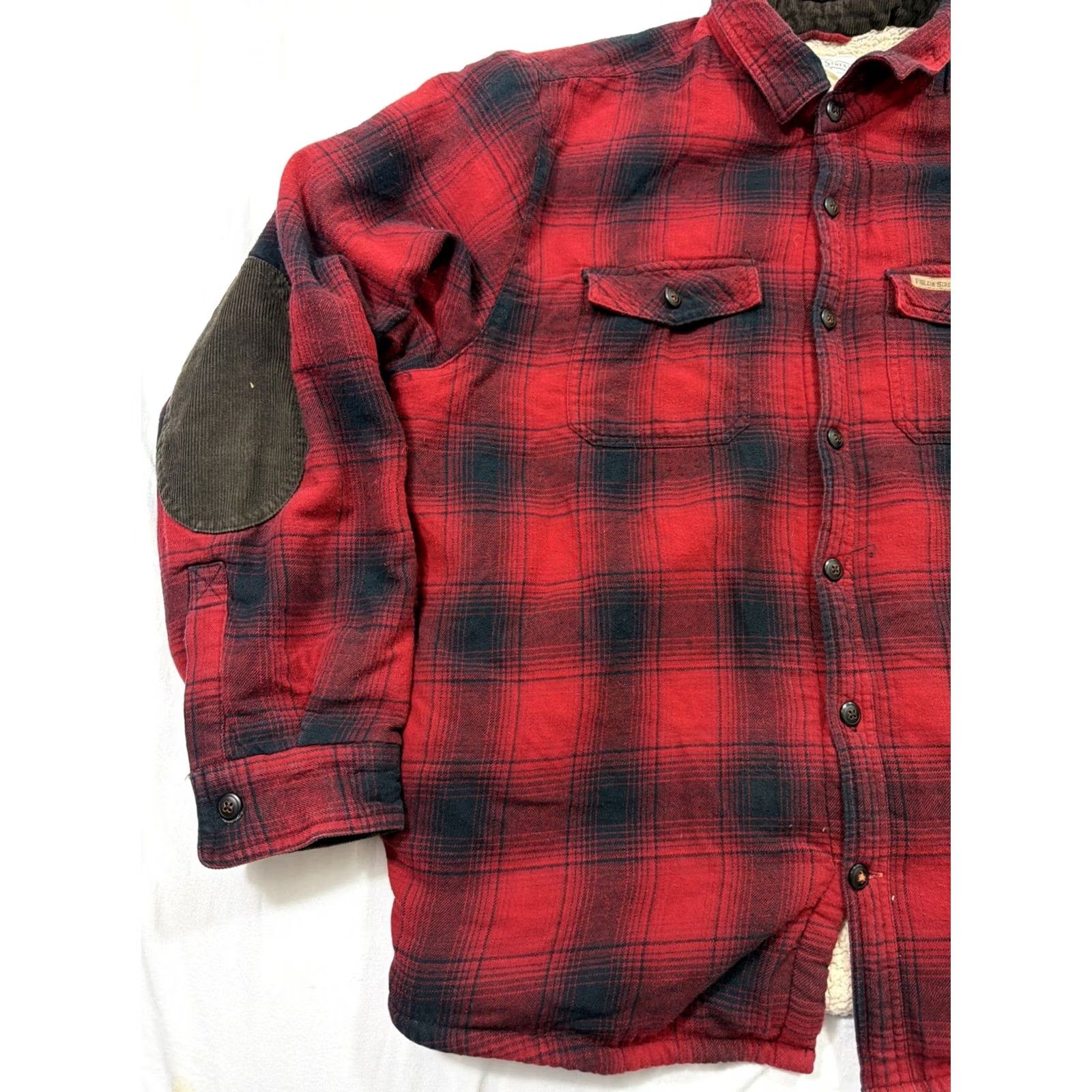 Vintage VINTAGE Field & Stream Jacket Mens XL Red Plaid Sherpa Lined Flannel Shacket Cord Elbows Size US XL / EU 56 / 4 - 3 Thumbnail