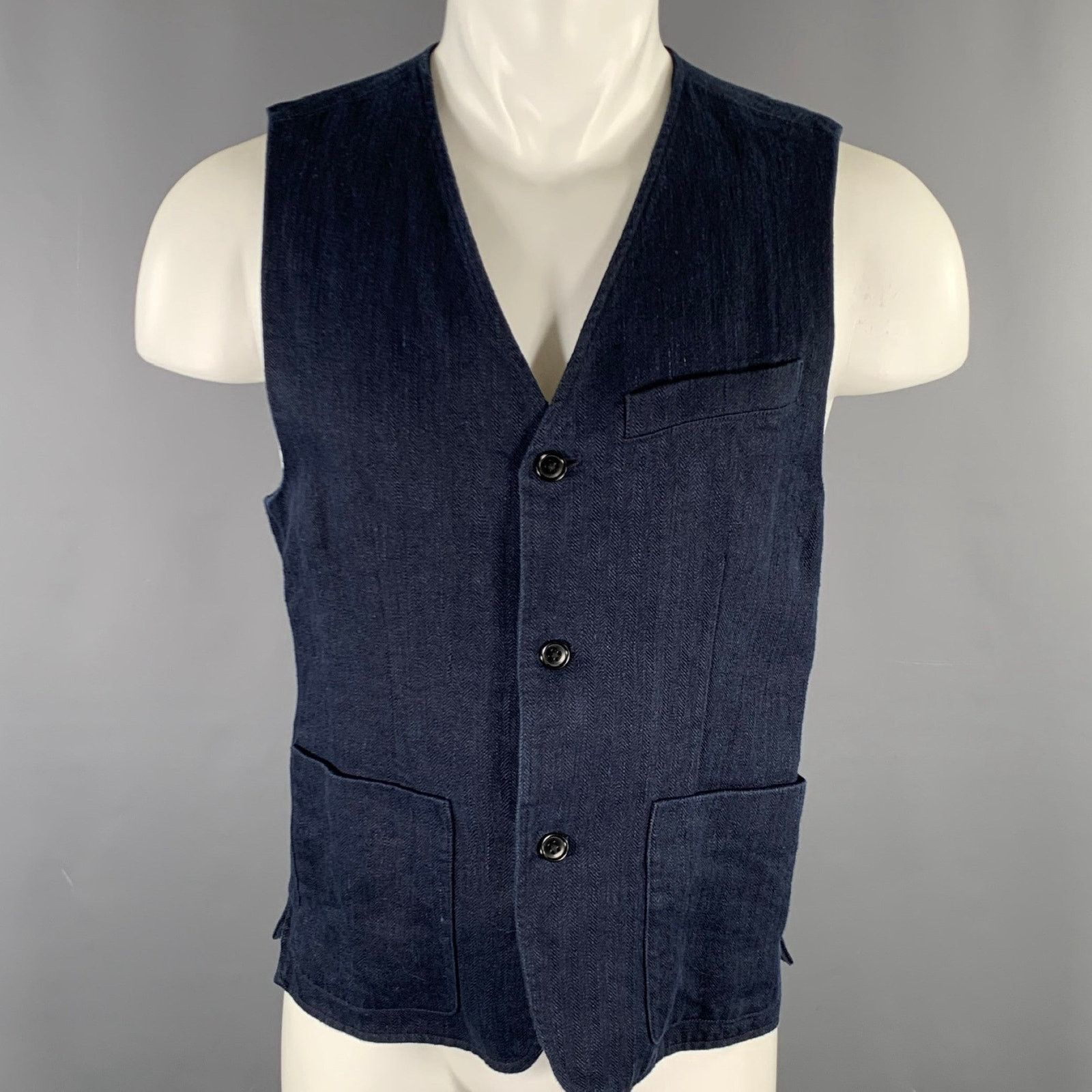 Alex Mill ALEX MILL Size M Navy Herringbone Linen Waistcoat Vest Size US M / EU 48-50 / 2 - 1 Thumbnail