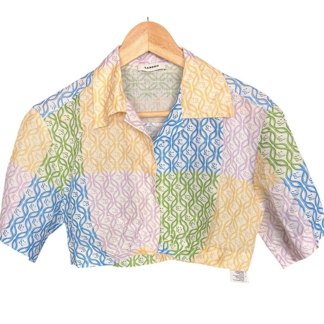 Sandro Sandro Leona Multicolor Square SS Logo Crop Top Luxury S Size S / US 4 / IT 40 - 1 Thumbnail