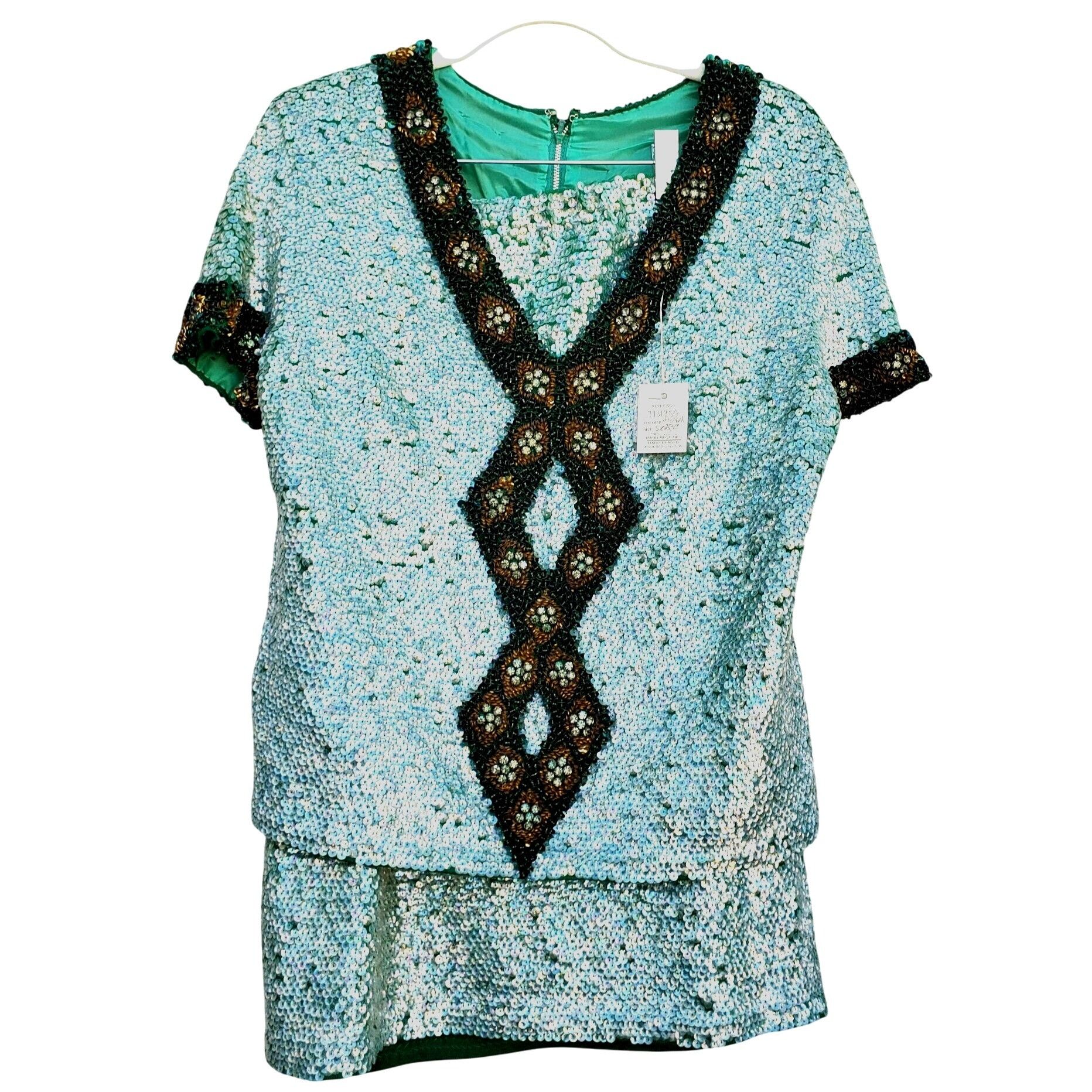 Vintage 60s Sequin Beaded Rhinestone Skirt Set M NWT Turquoise Green Size M / US 6-8 / IT 42-44 - 3 Thumbnail