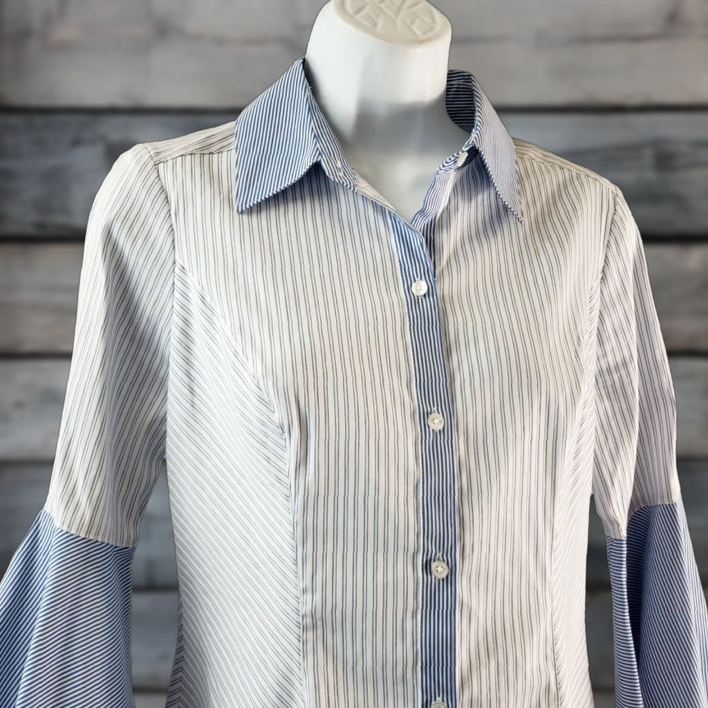 White House Black Market White House Black Market Womens Button Front Shirt Sz 4P Blue Stripe Bell Sleeve Shirt Womens 4P XS? Size S / US 4 / IT 40 - 1 Thumbnail