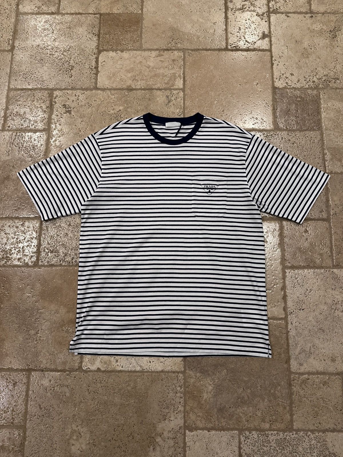 Prada Prada Striped Navy White Cotton Pocket Triangle Logo T-Shirt Size US XXL / EU 58 / 5 - 3 Thumbnail