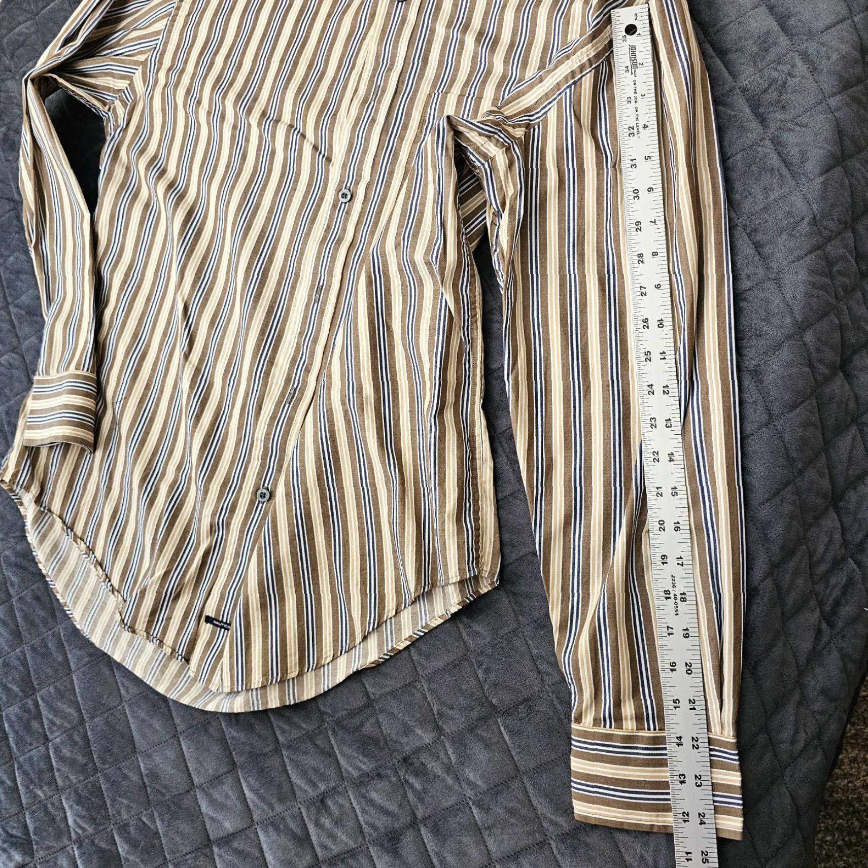 Nautica Nautica Button-Down Shirt Men's Large Brown Tan Stripe Traveler Twill Cotton Size US L / EU 52-54 / 3 - 7 Thumbnail