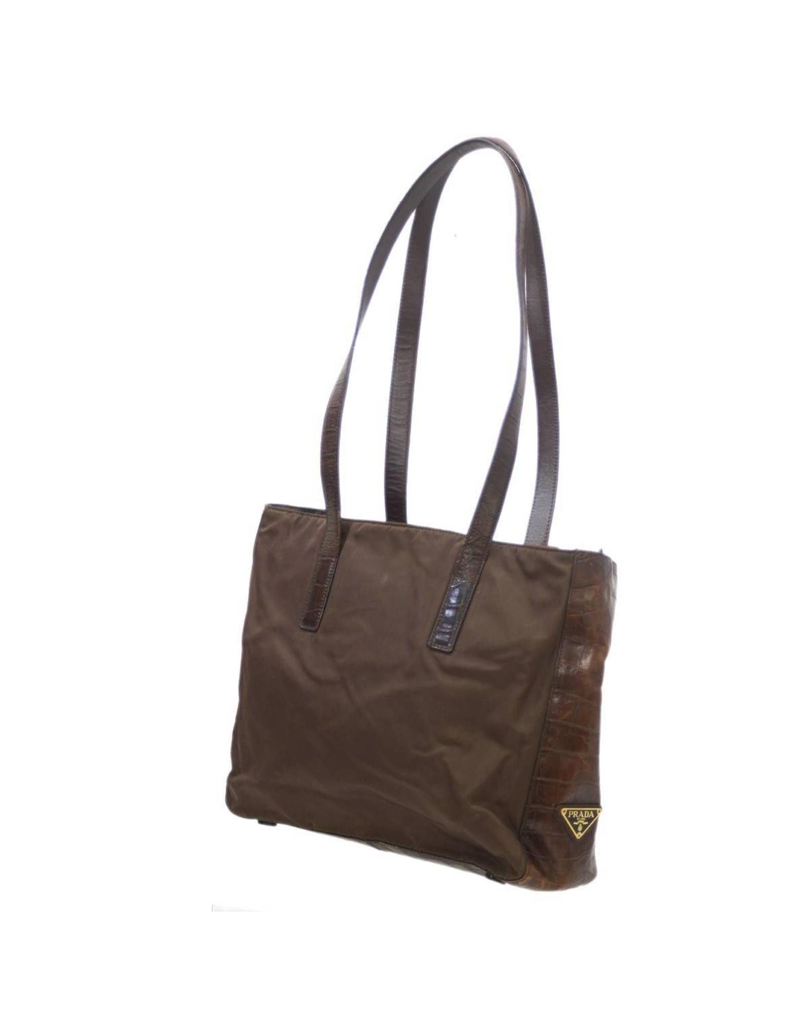 image of Prada Elegant And Timeless Brown Nylon And Leather Handbag, Women's