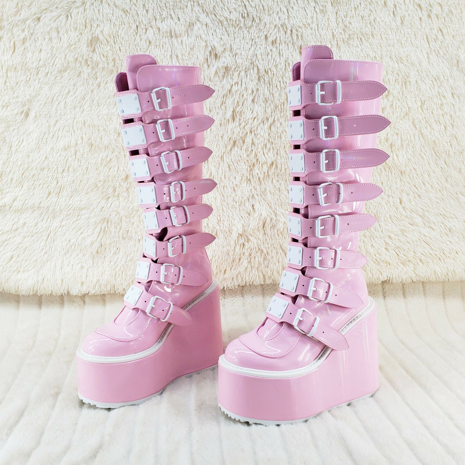 Demonia Cult DEMONIA Trinity Swing 815 Pink Hologram Patent Goth Knee Boo Size US 7 / IT 37 - 9 Thumbnail