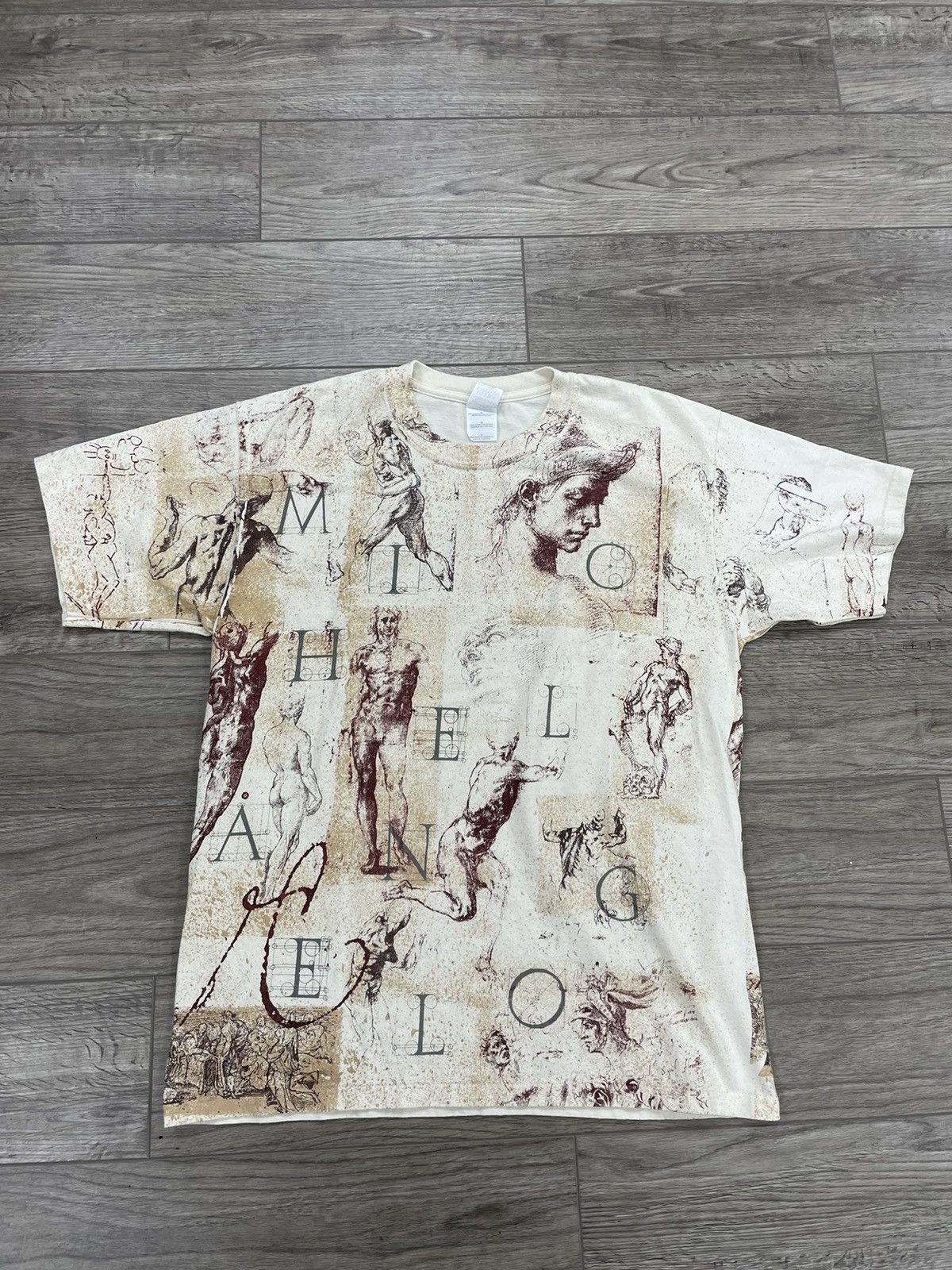 image of Michelangelo All Over Print Art Graphic Tee Size L in Cream, Men's
