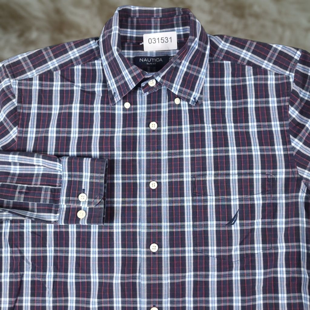 Nautica Nautica Shirt Mens Medium Blue Plaid Button-Up Long Sleeve Casual Business Formal Cotton Regular Collar Down Mens Size US M / EU 48-50 / 2 - 1 Thumbnail