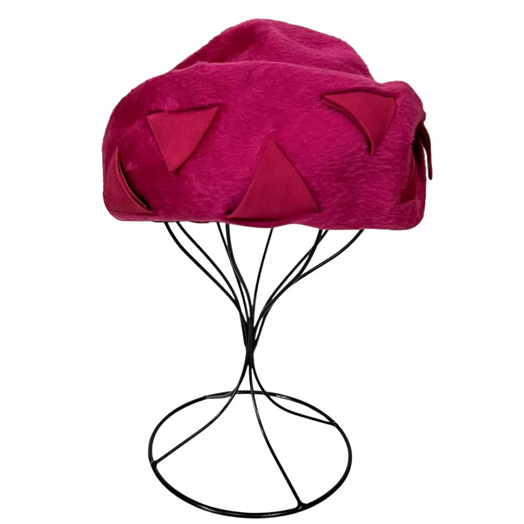 Vintage VINTAGE Gwen Pennington Hat Pink Faux Fur Fluffy Pillbox w/ Triangular Details Womens One Size Pink Pillbox Hat Size ONE SIZE - 6 Thumbnail