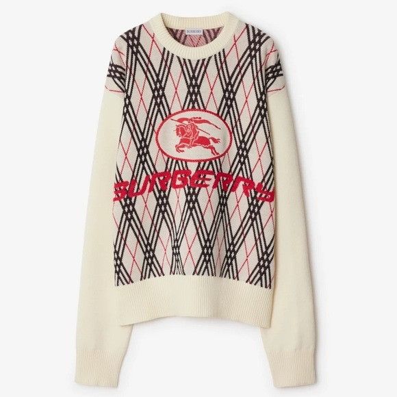 Burberry Burberry Argyle Check Wool Blend Sweater Chalk White Red Men Size US S / EU 44-46 / 1 - 1 Thumbnail