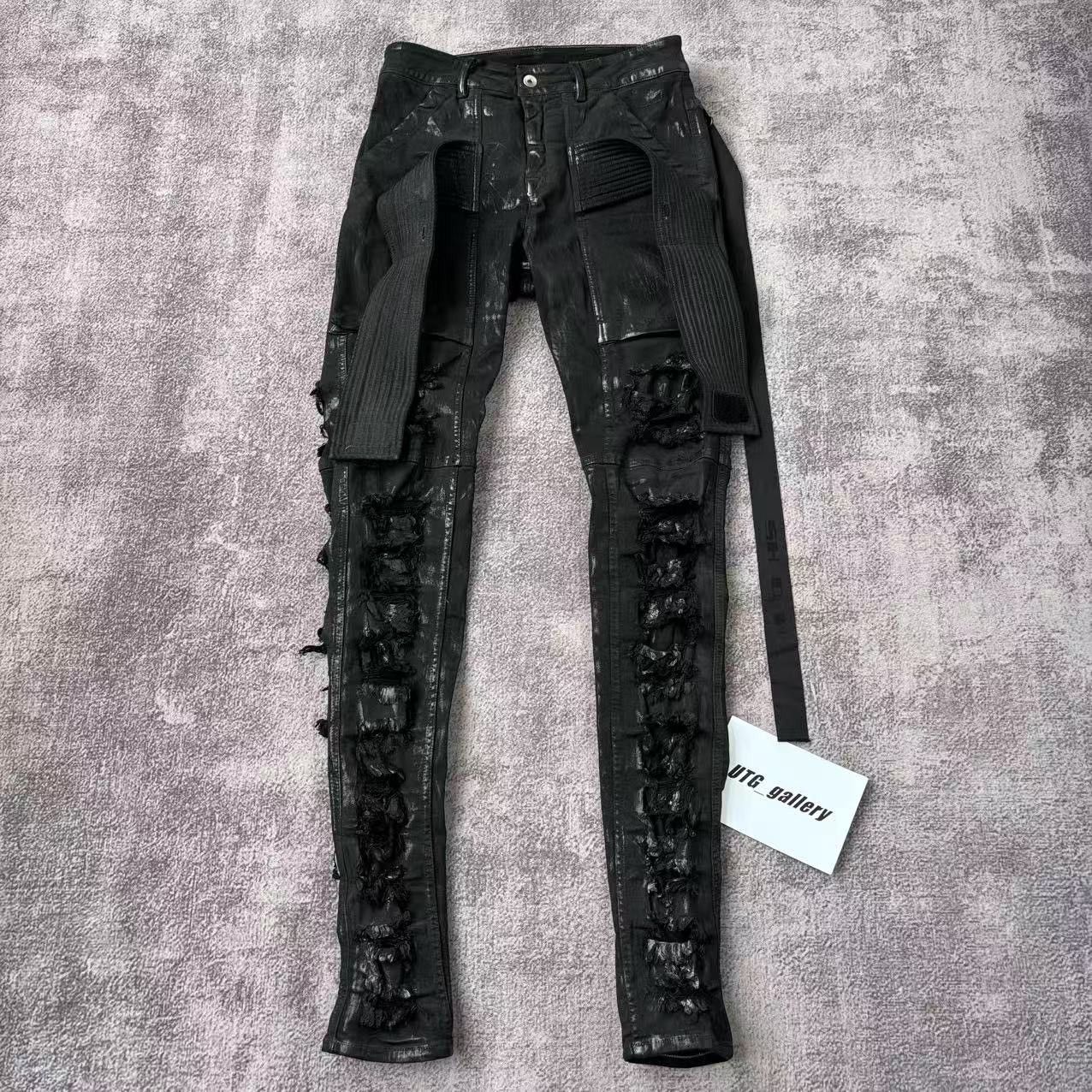 Rick Owens Drkshdw Rick Owens DRKSHDW Waxed Easy Creatch Distressed Denim Pants Size US 29 - 2 Thumbnail