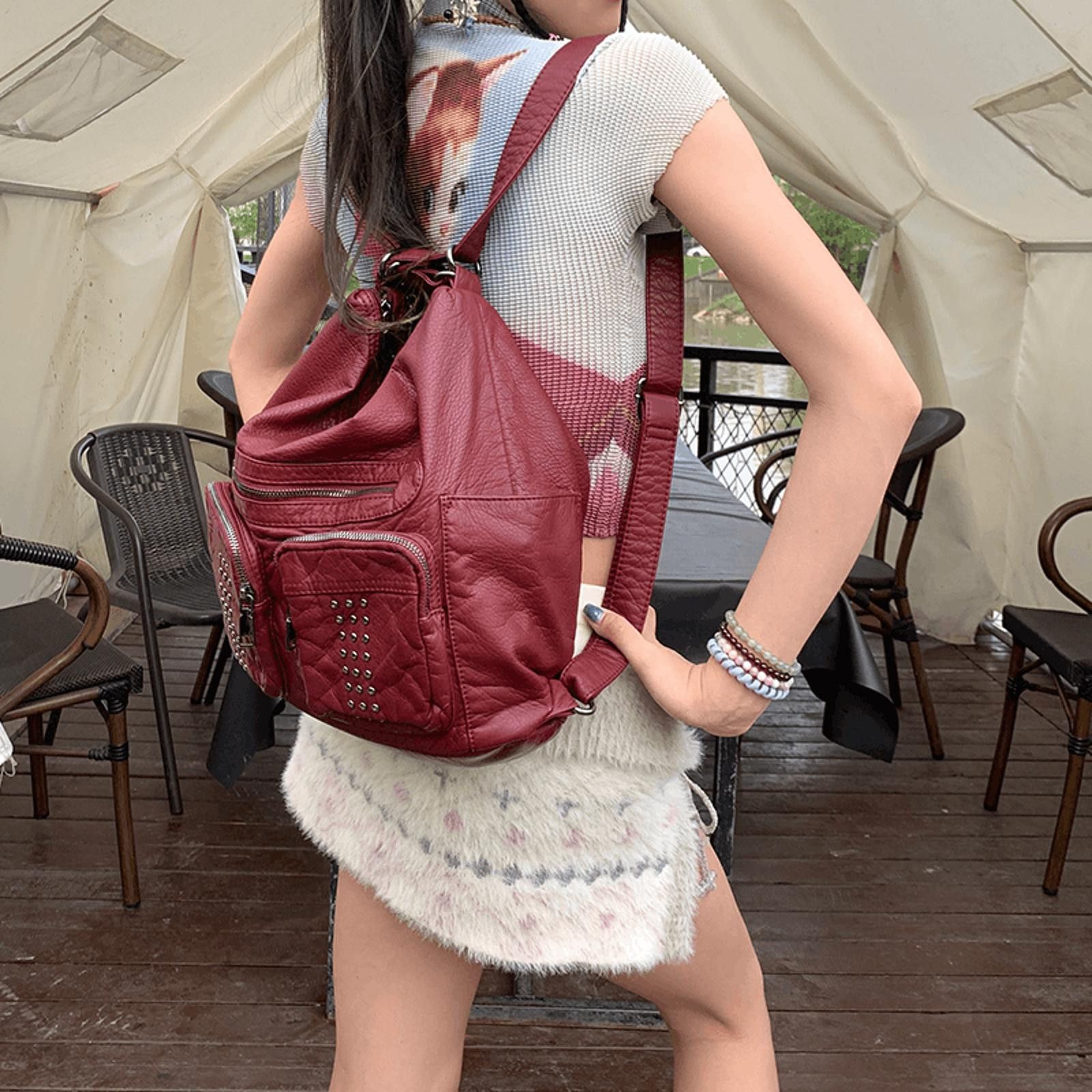 Vintage Burgundy PU Leather Shoulder Bag / Backpack Size ONE SIZE - 3 Thumbnail