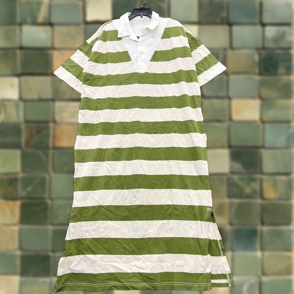 VINTAGE DAILY PRACTICE Anthropologie Rugby Maxi Dress Women's Size M Casual  Striped Cotton Collared Short Sleeve
